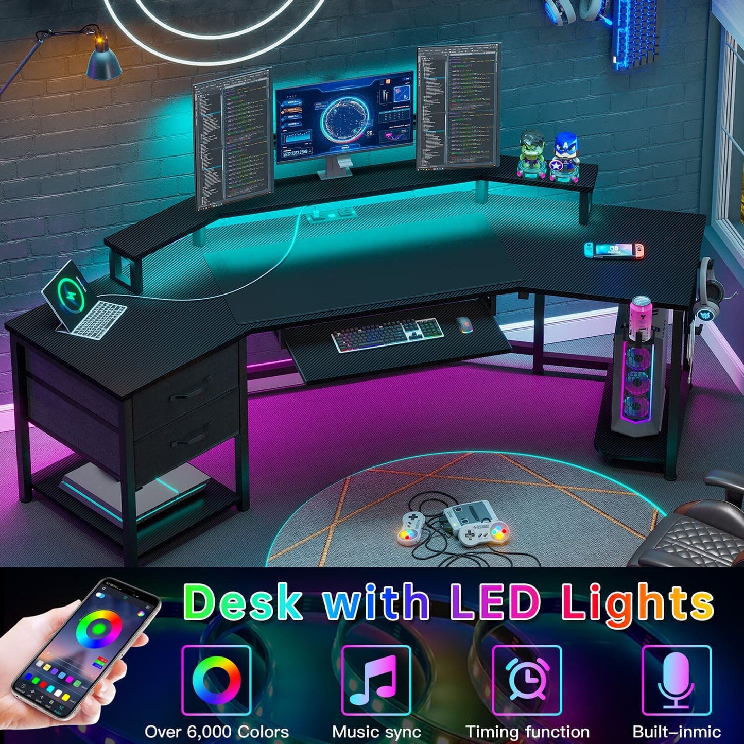 79 Inches Wing Shaped LED Gaming Desk with 2 Drawers Black