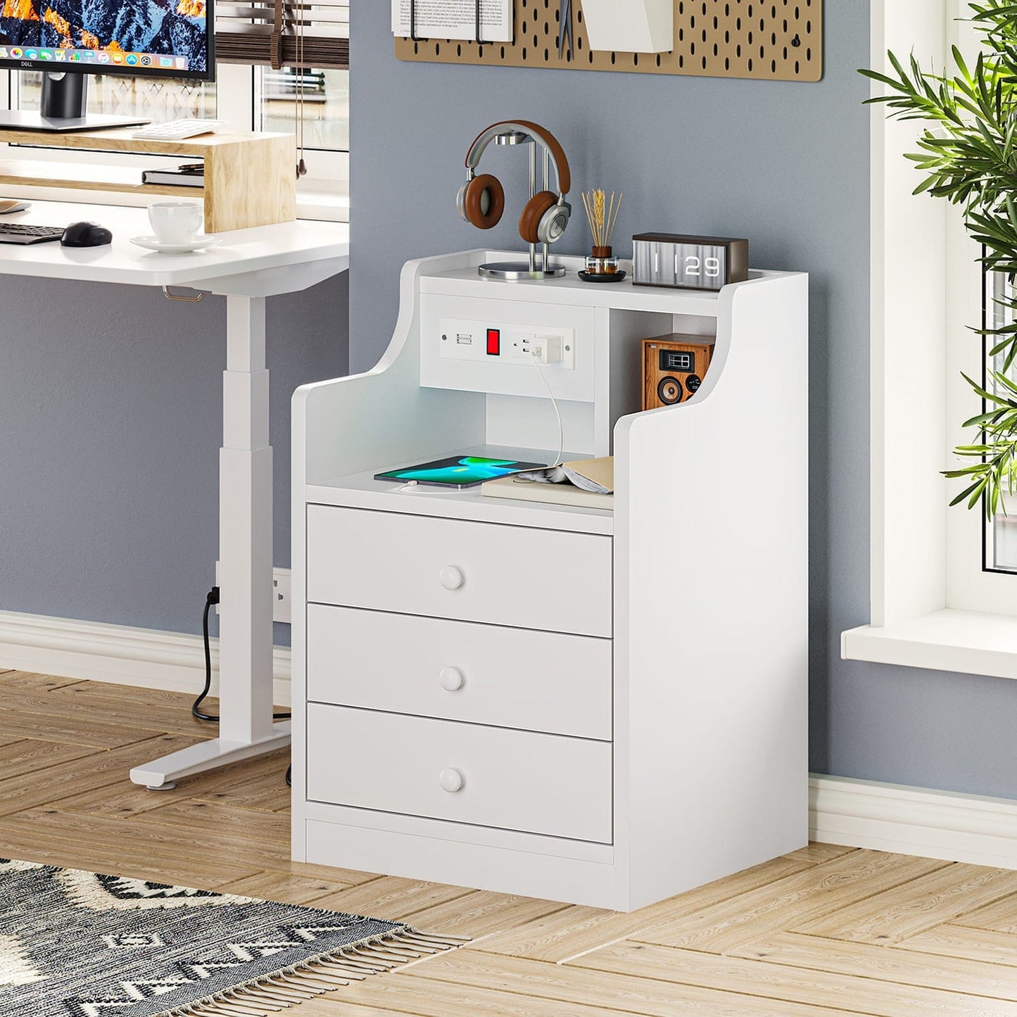 Nightstand with 3 Drawers Charging Station White
