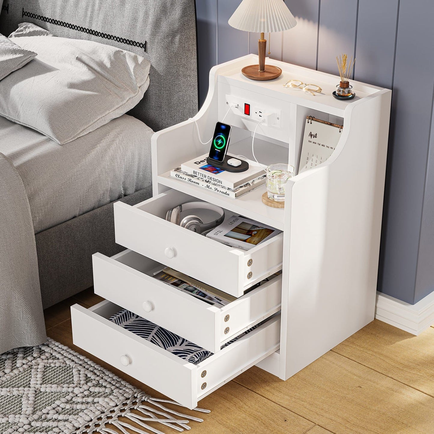Nightstand with 3 Drawers Charging Station White