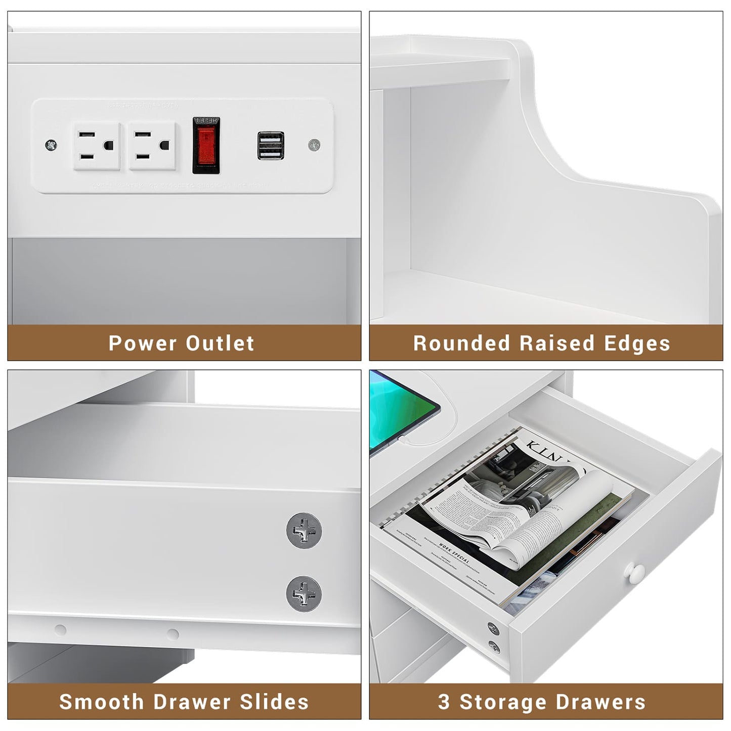 Nightstand with 3 Drawers Charging Station White