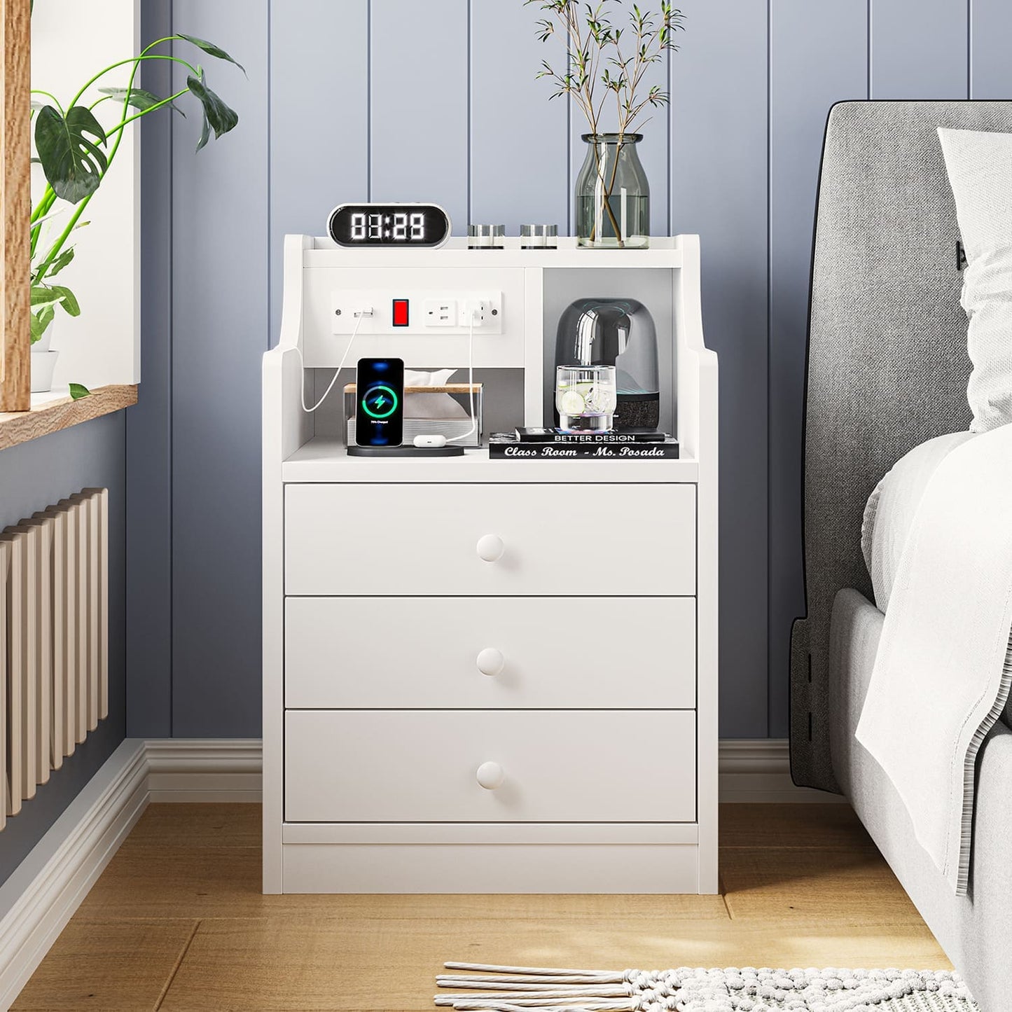 Nightstand with 3 Drawers Charging Station White