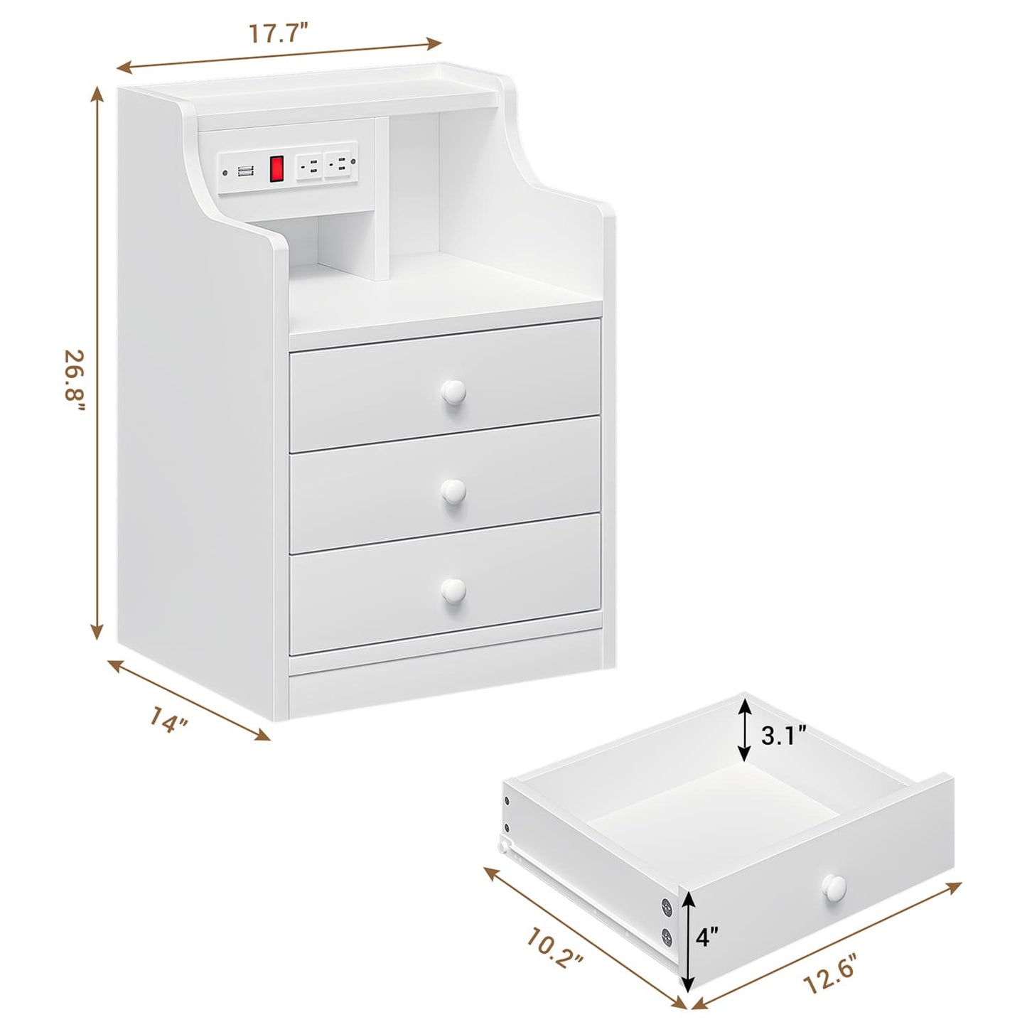 Nightstand with 3 Drawers Charging Station White