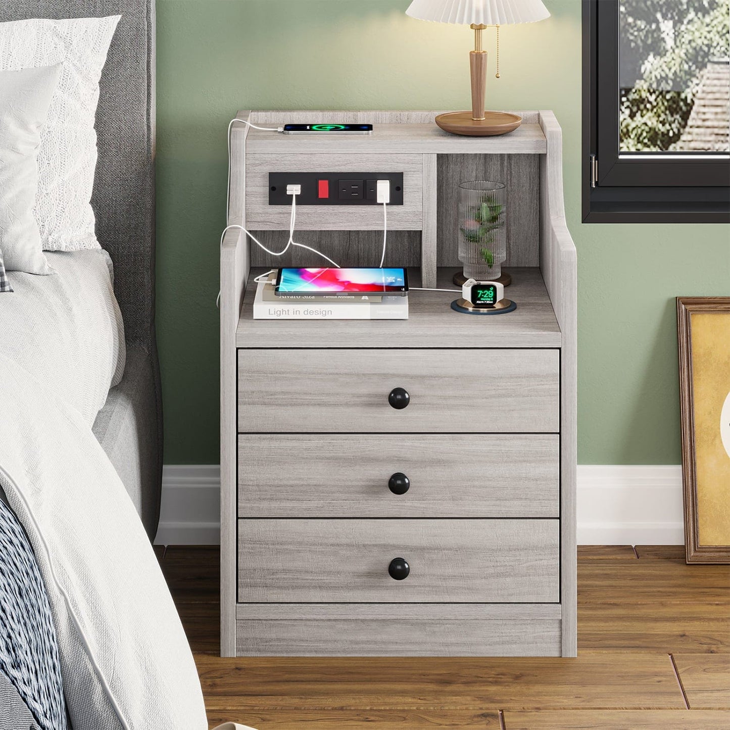 Nightstand with 3 Drawers Charging Station Grey