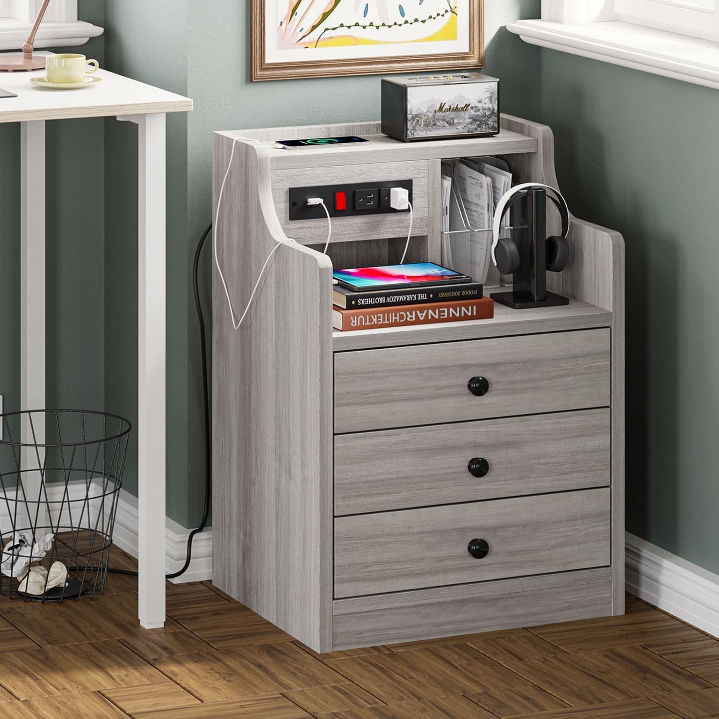 Nightstand with 3 Drawers Charging Station Grey