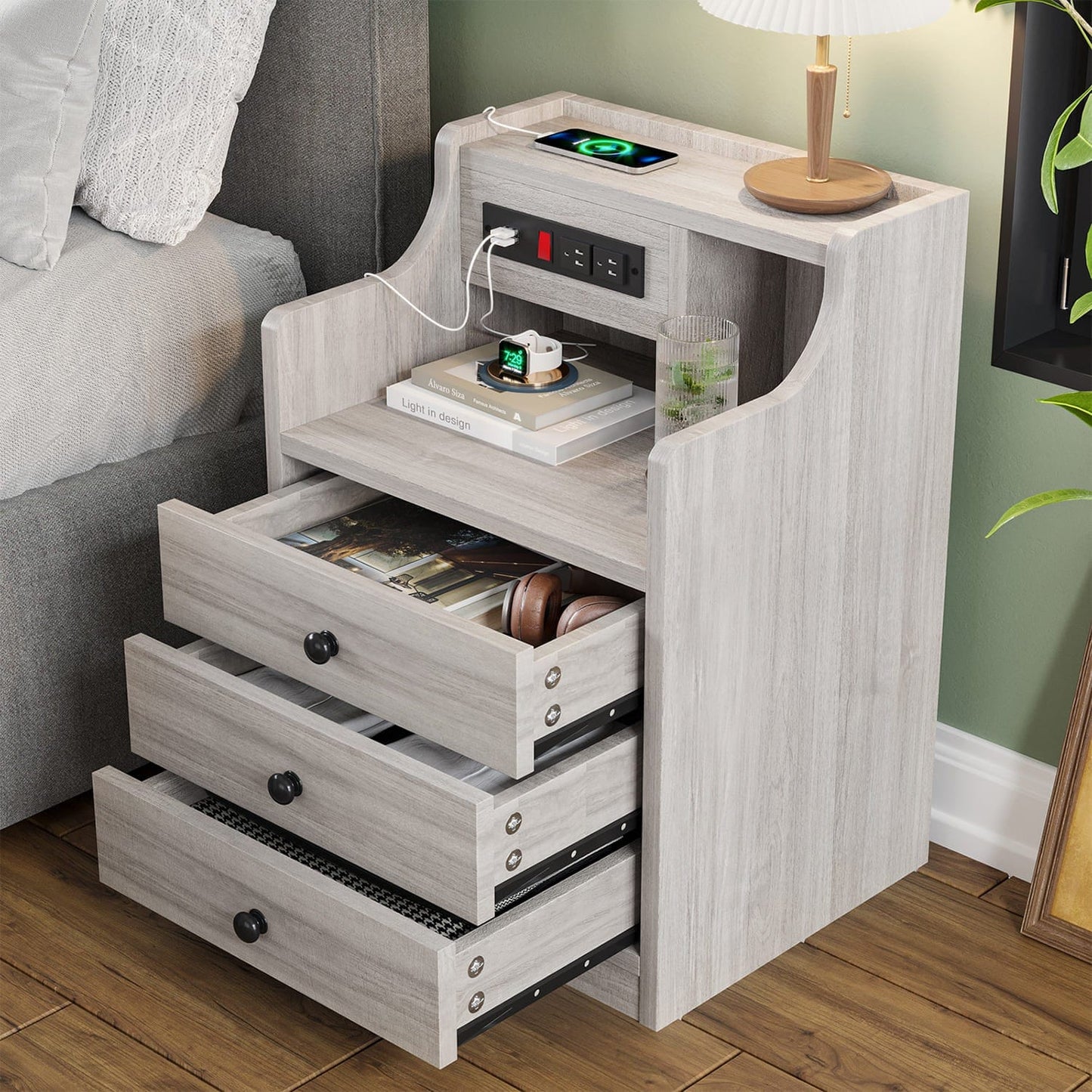 Nightstand with 3 Drawers Charging Station Grey