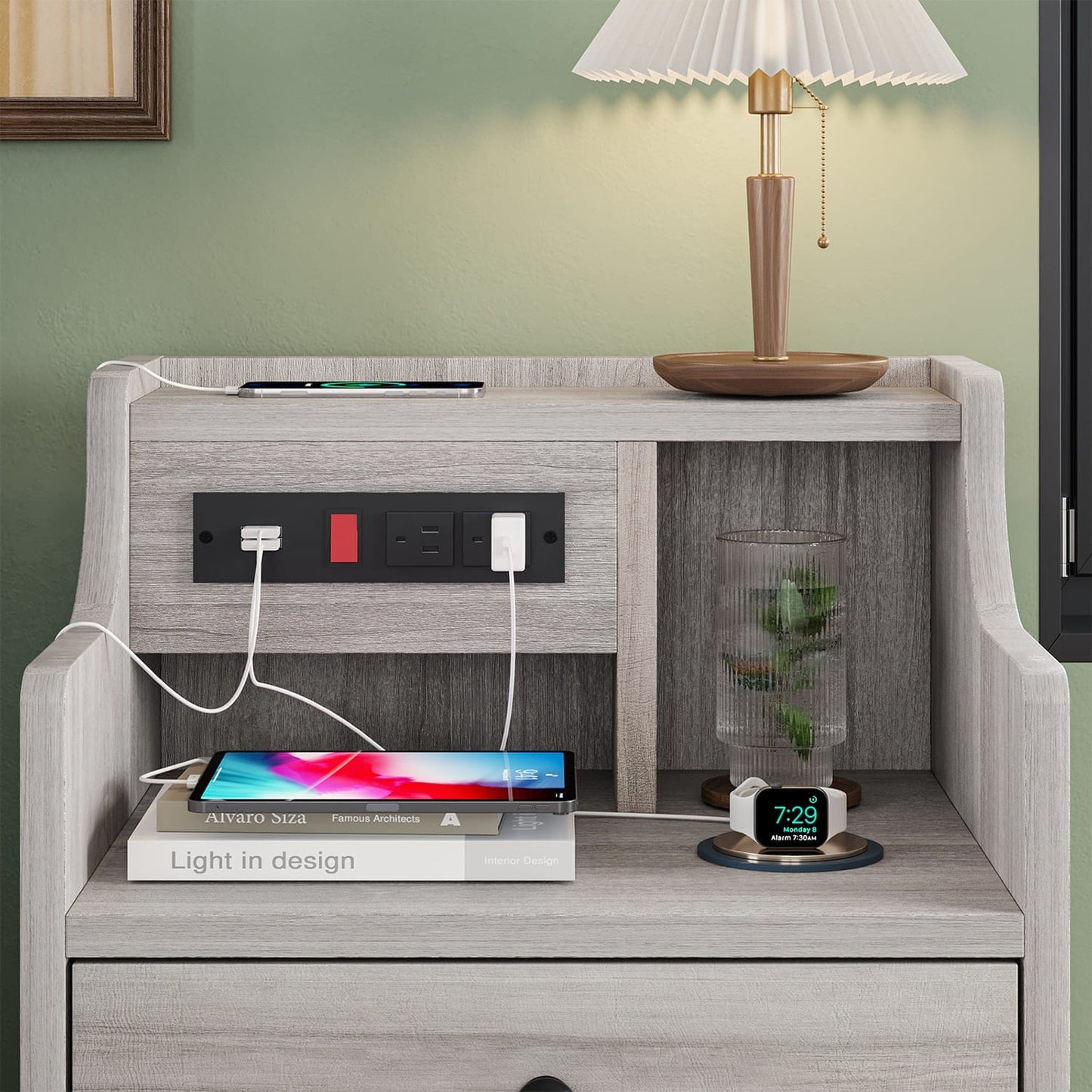 Nightstand with 3 Drawers Charging Station Grey