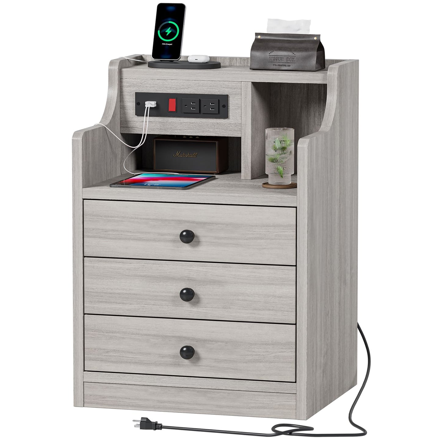 Nightstand with 3 Drawers Charging Station Grey
