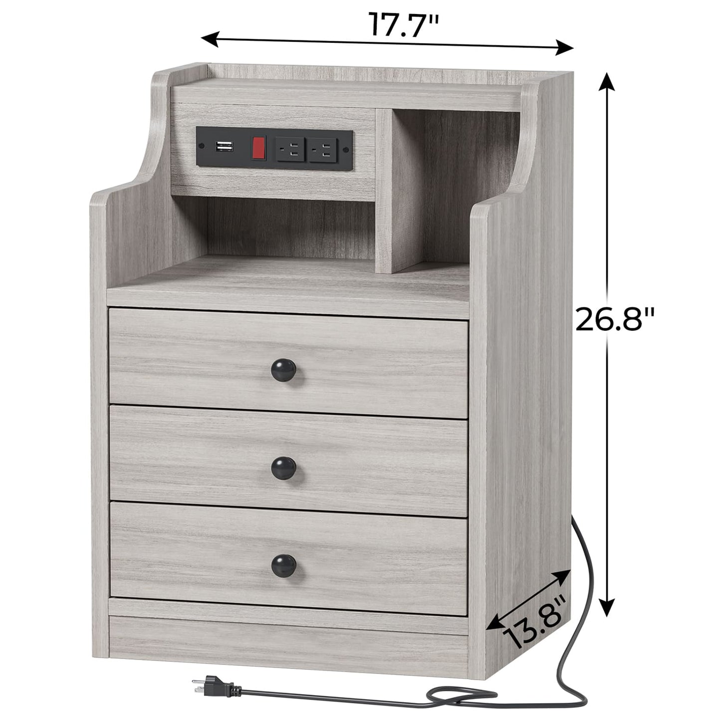 Nightstand with 3 Drawers Charging Station Grey