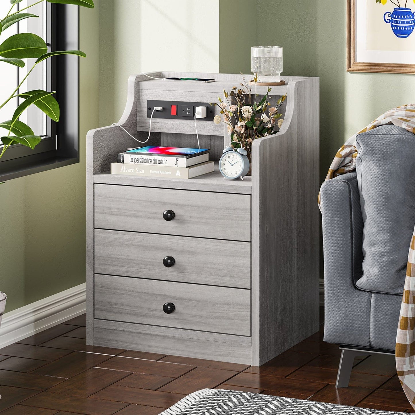 Nightstand with 3 Drawers Charging Station Grey