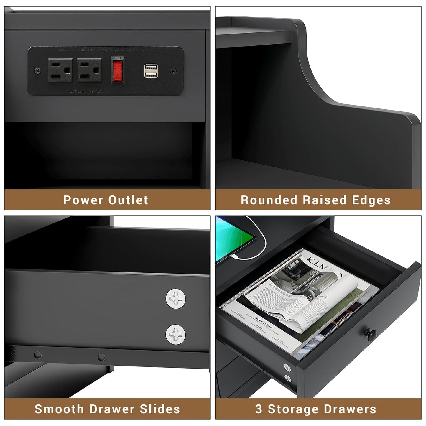 Nightstand with 3 Drawers Charging Station Black