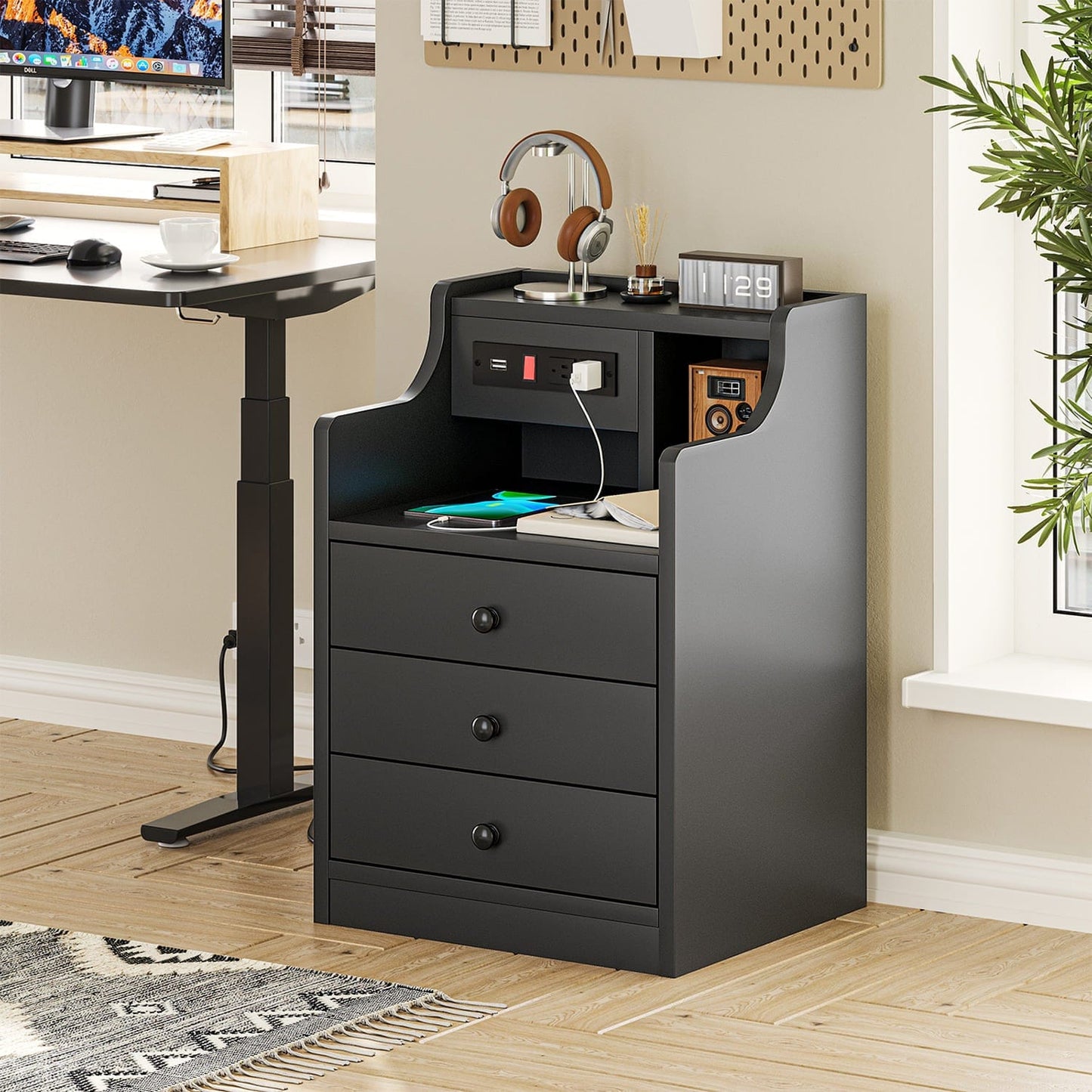 Nightstand with 3 Drawers Charging Station Black