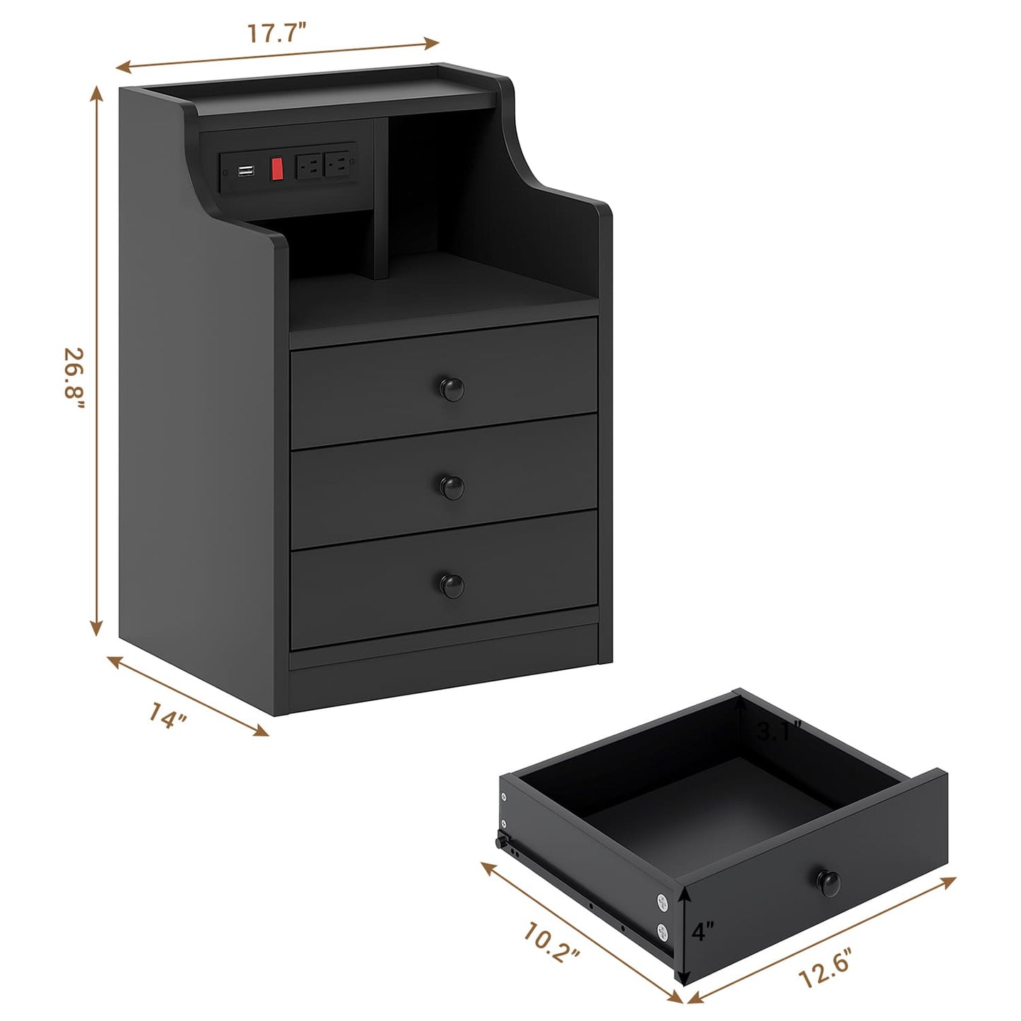 Nightstand with 3 Drawers Charging Station Black