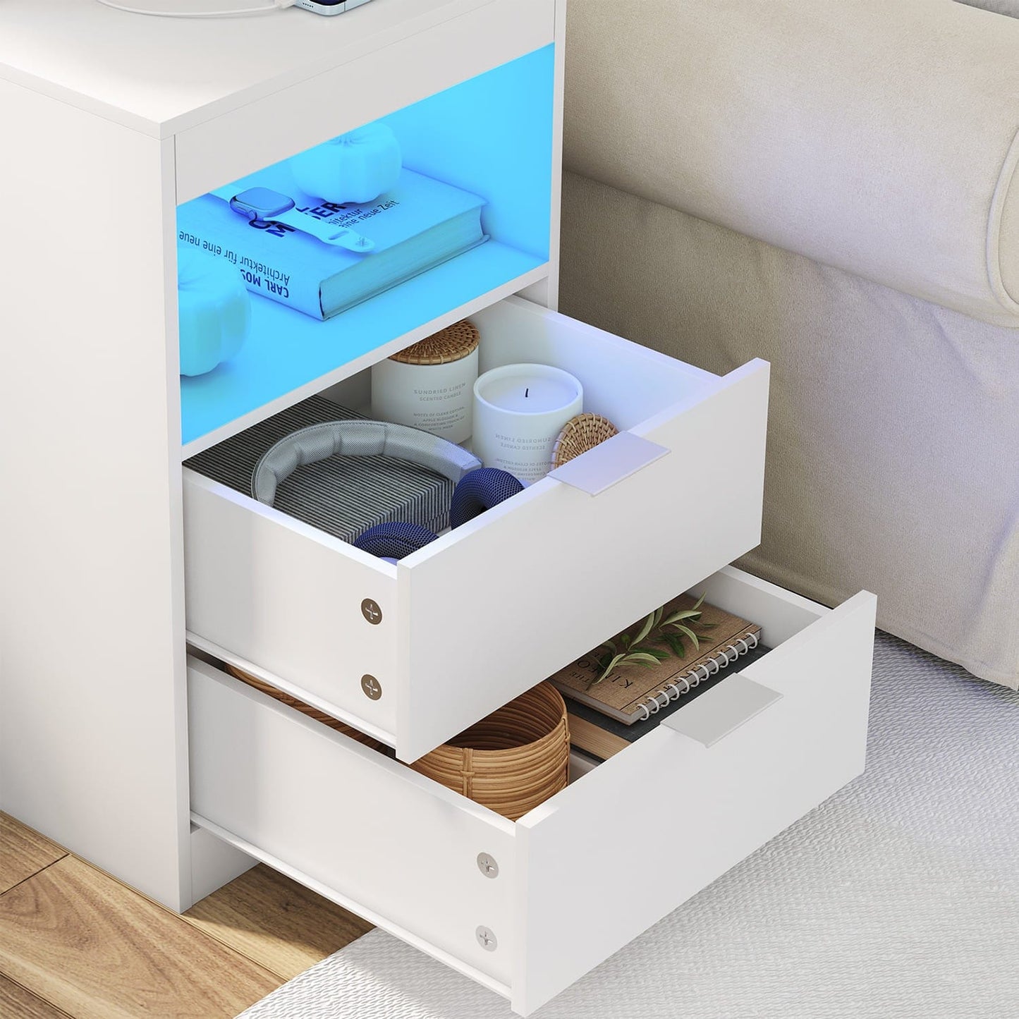 LED Nightstand with Wireless Charging Station White