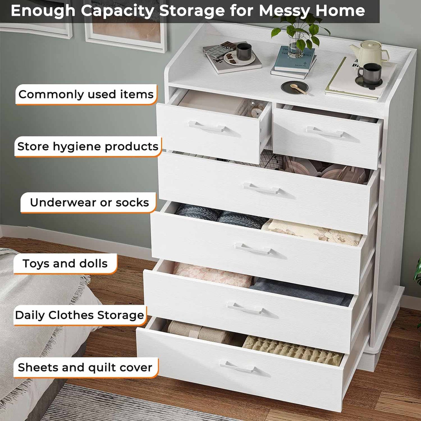 6 Drawers Dresser with Vertical Large Storage White
