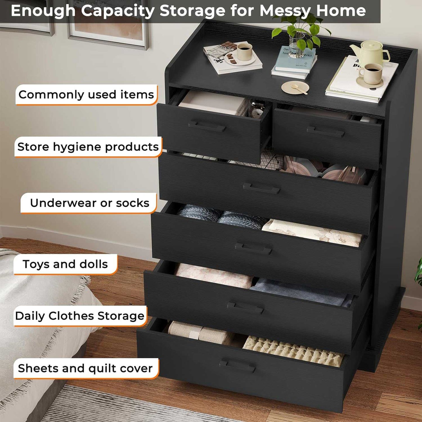 6 Drawers Dresser with Vertical Large Storage Black