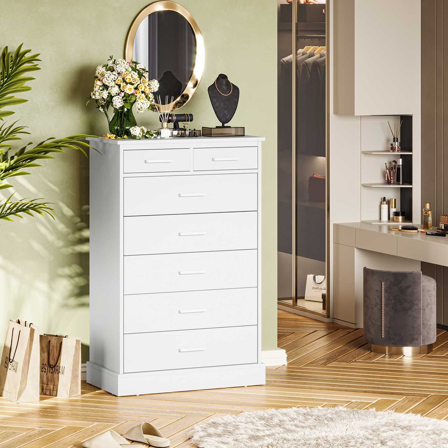 Tall Dresser with 7 Storage Drawers White