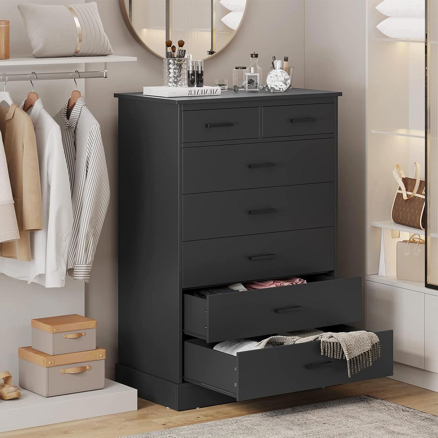 Tall Dresser with 7 Storage Drawers Black