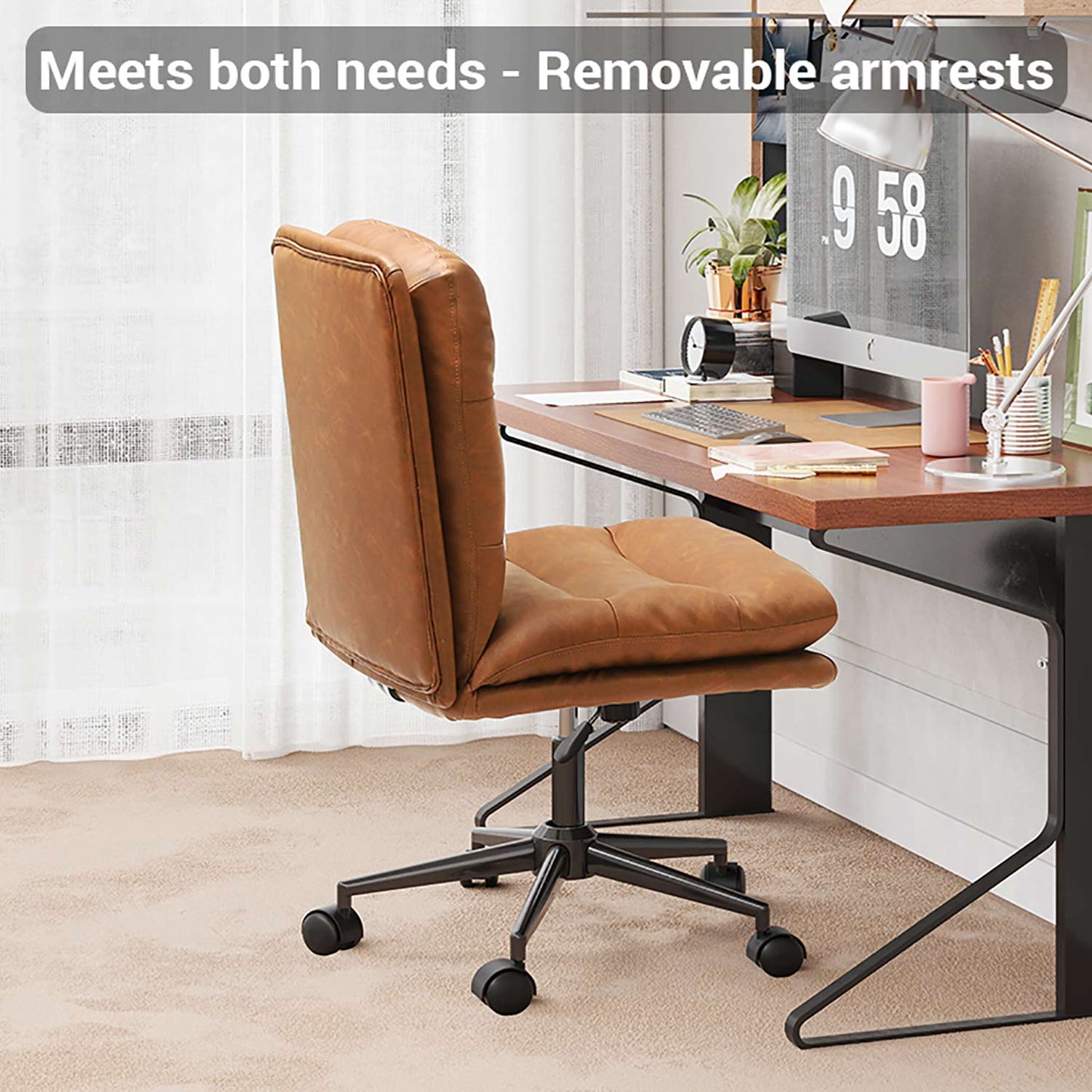 Leather Office Chair with Adjustable Back Brown