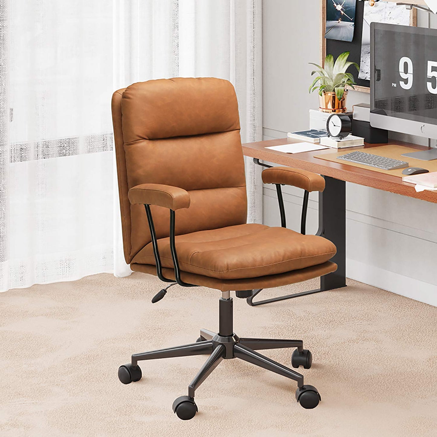 Leather Office Chair with Adjustable Back Brown