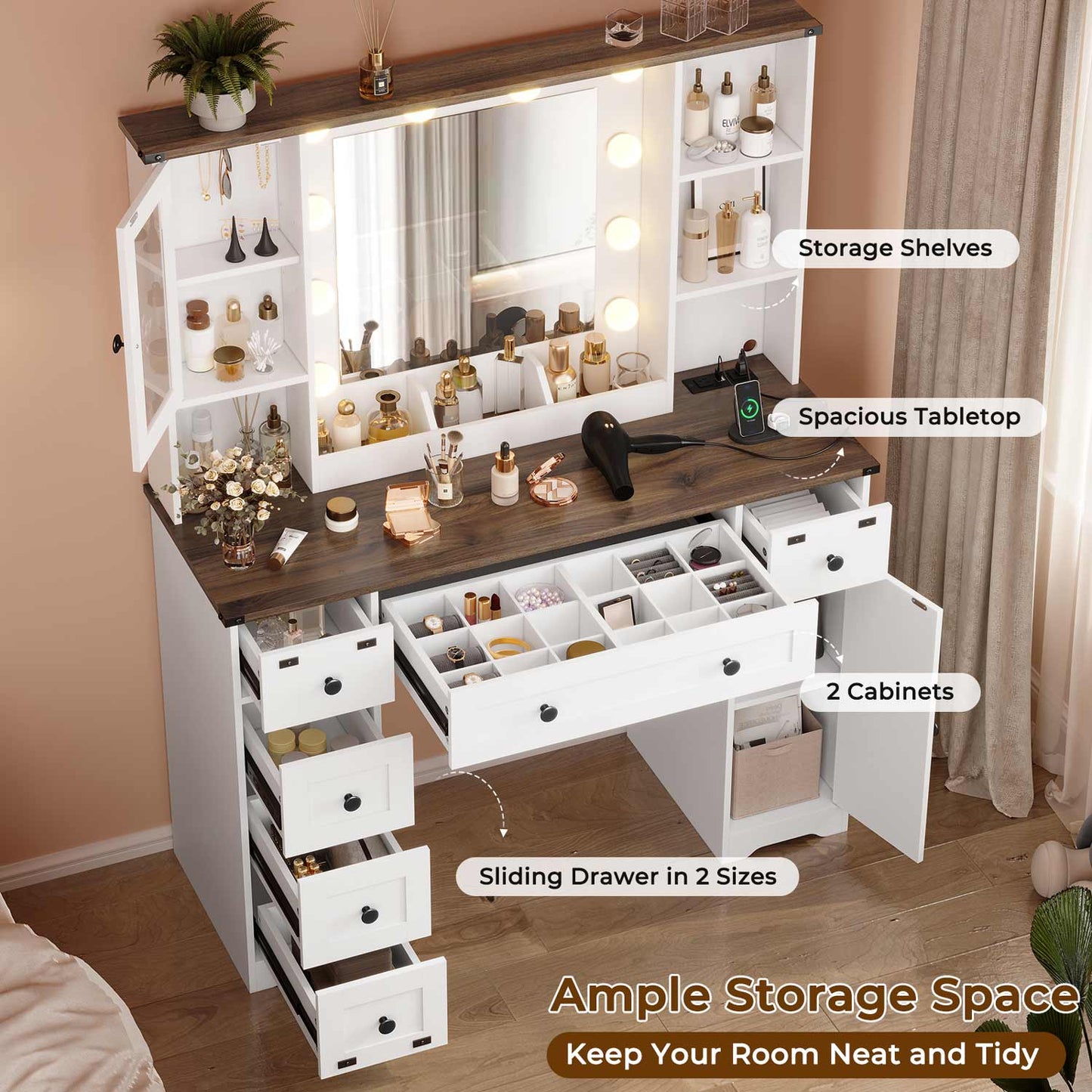 43 Inches Makeup Vanity with Lighted Mirror White
