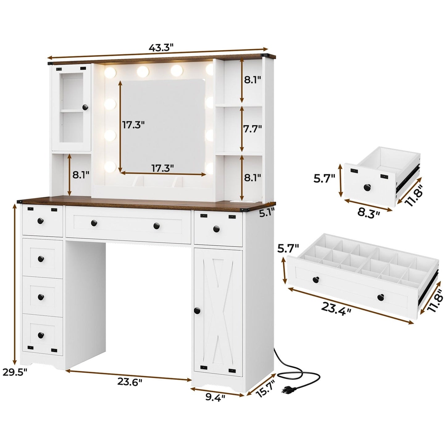 43 Inches Makeup Vanity with Lighted Mirror White