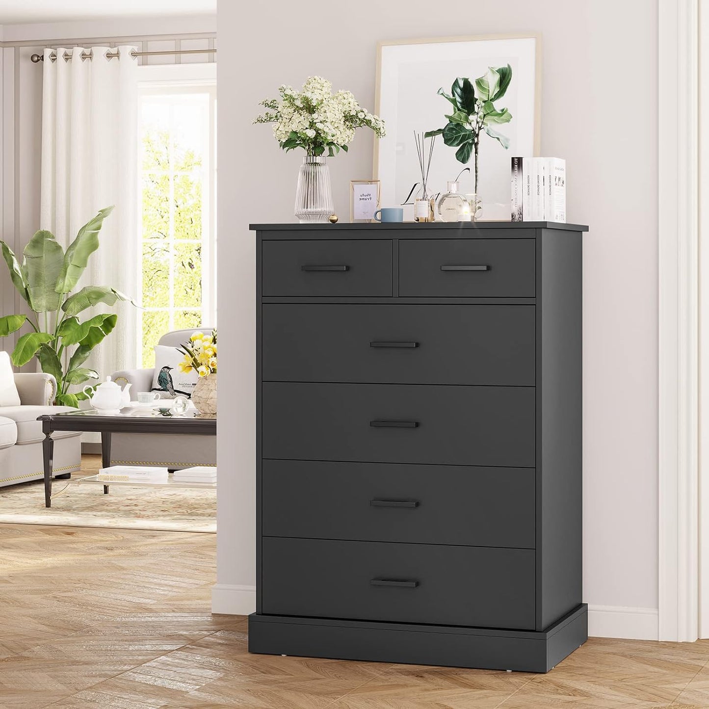 Tall Dresser with 6 Storage Drawers Sturdy Base Black