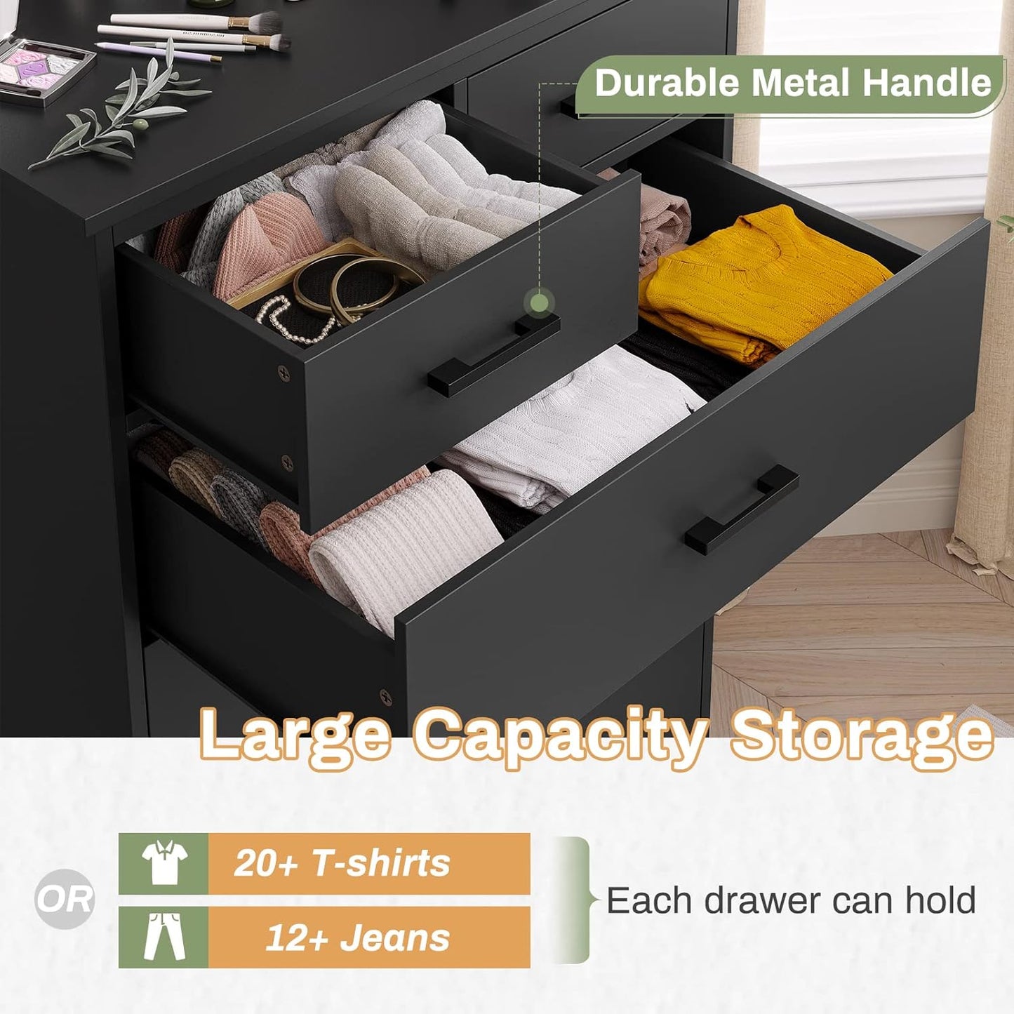 Tall Dresser with 6 Storage Drawers Sturdy Base Black