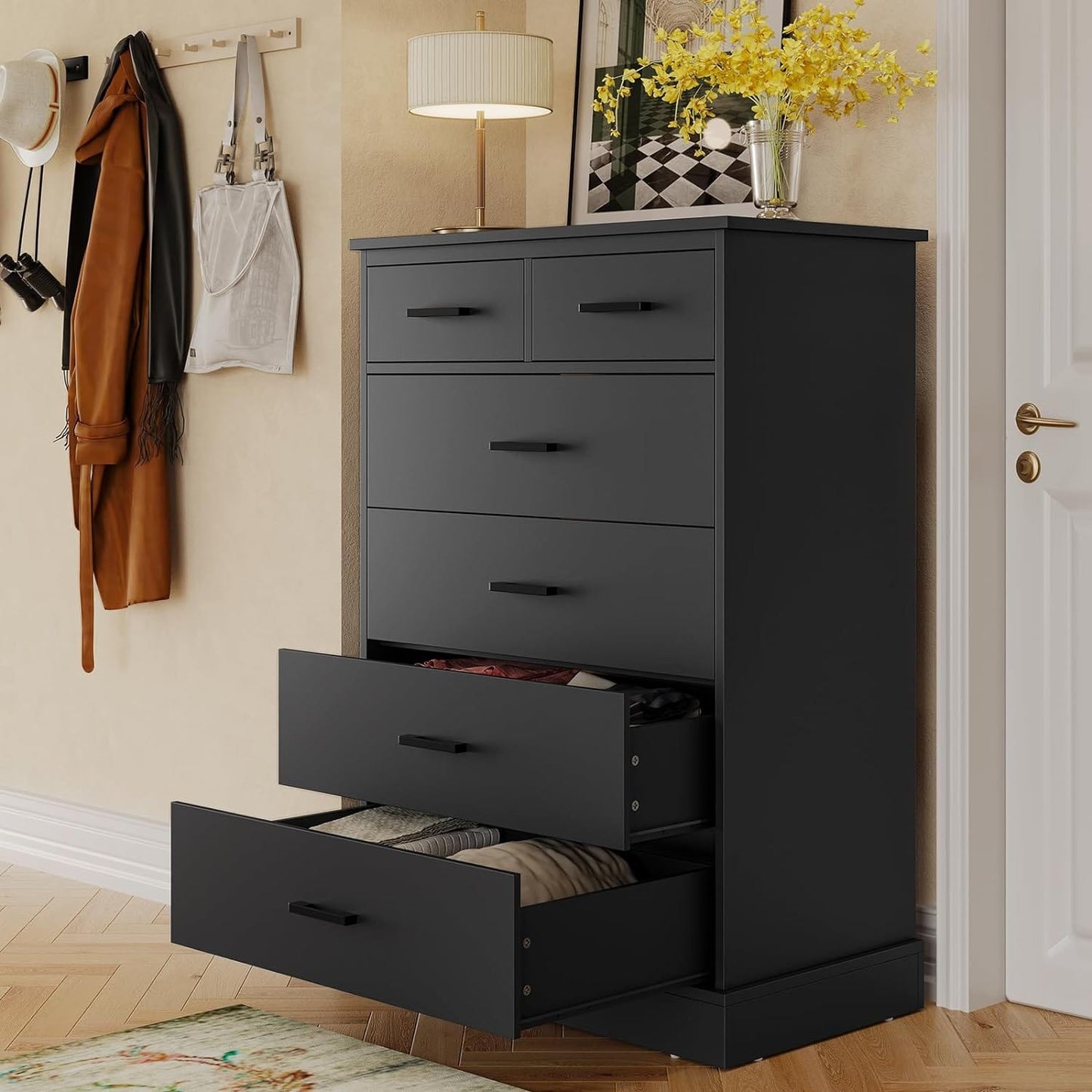Tall Dresser with 6 Storage Drawers Sturdy Base Black