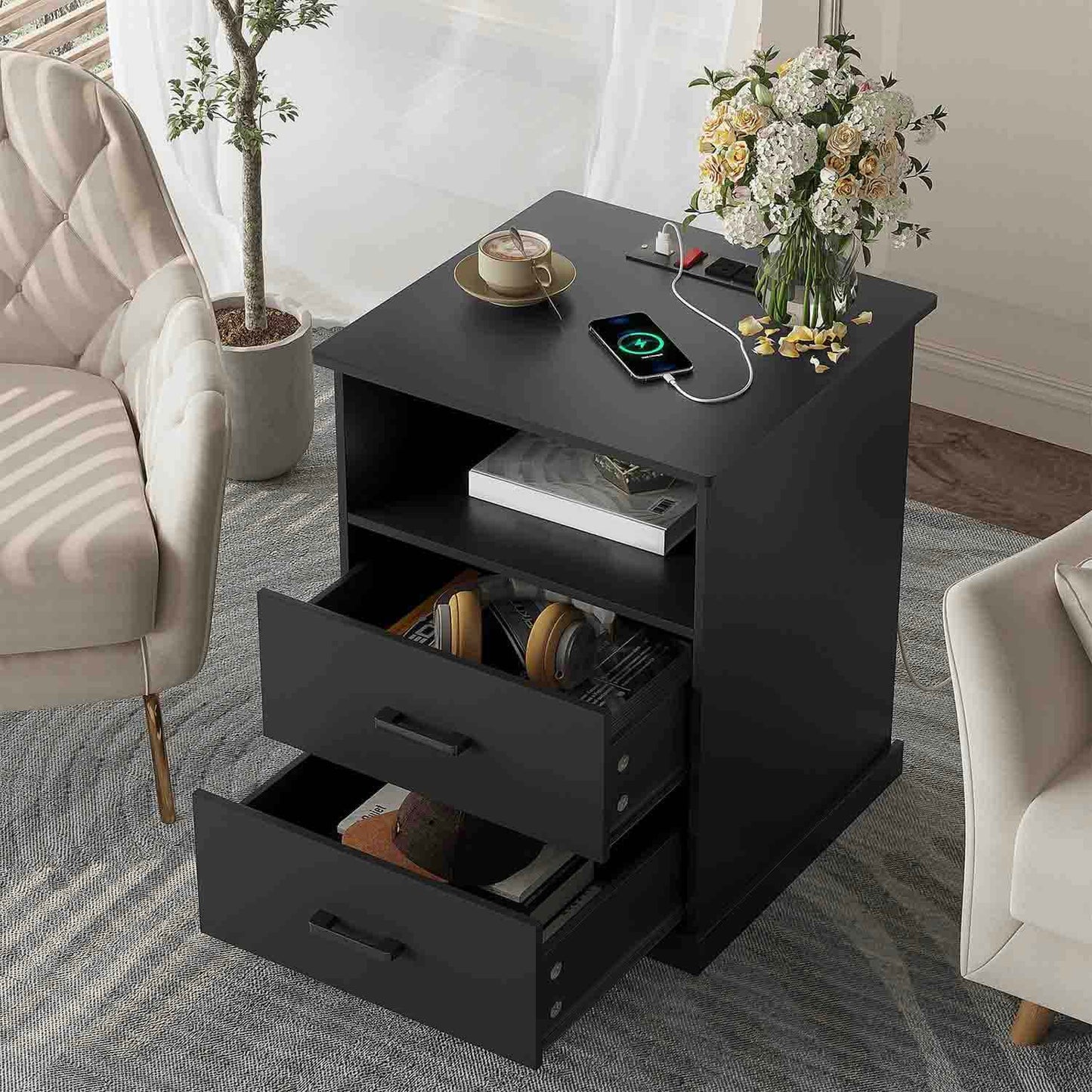 Nightstand with 2 Drawers Charging Station Black