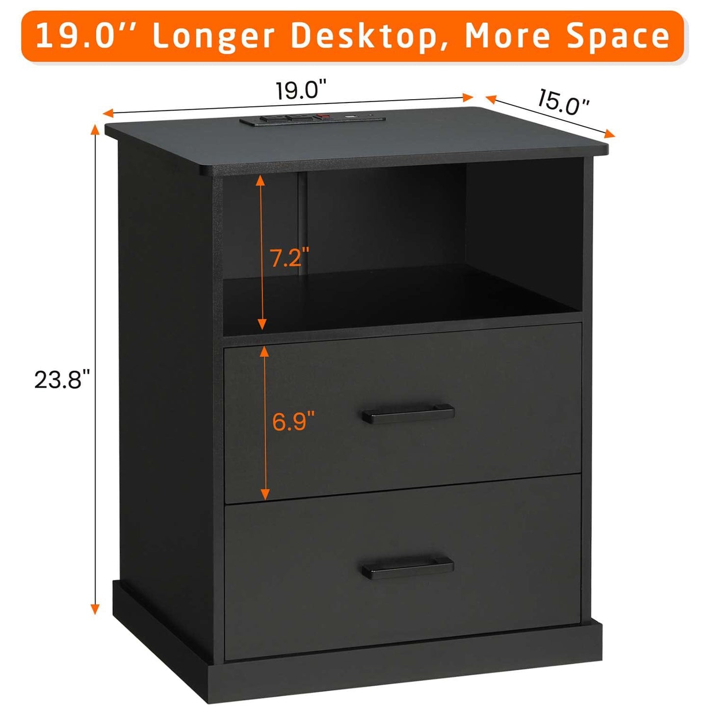 Nightstand with 2 Drawers Charging Station Black
