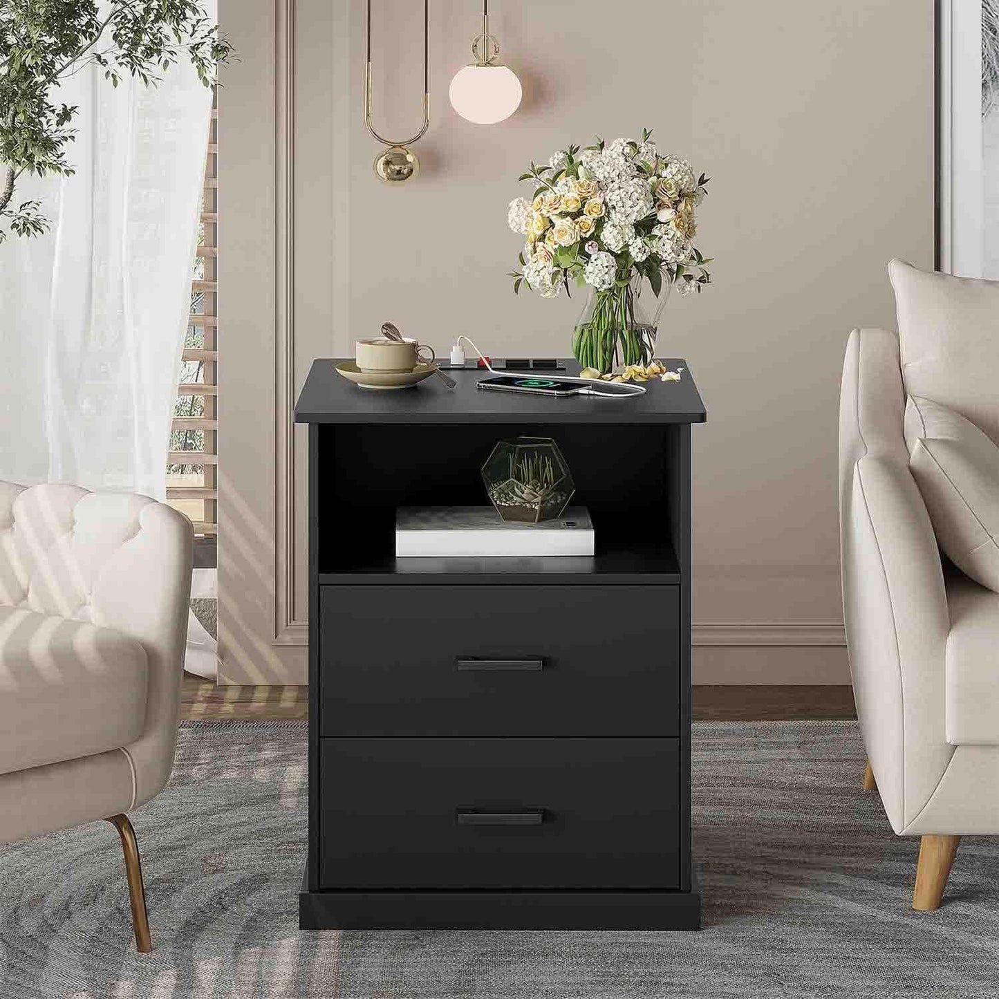 Nightstand with 2 Drawers Charging Station Black