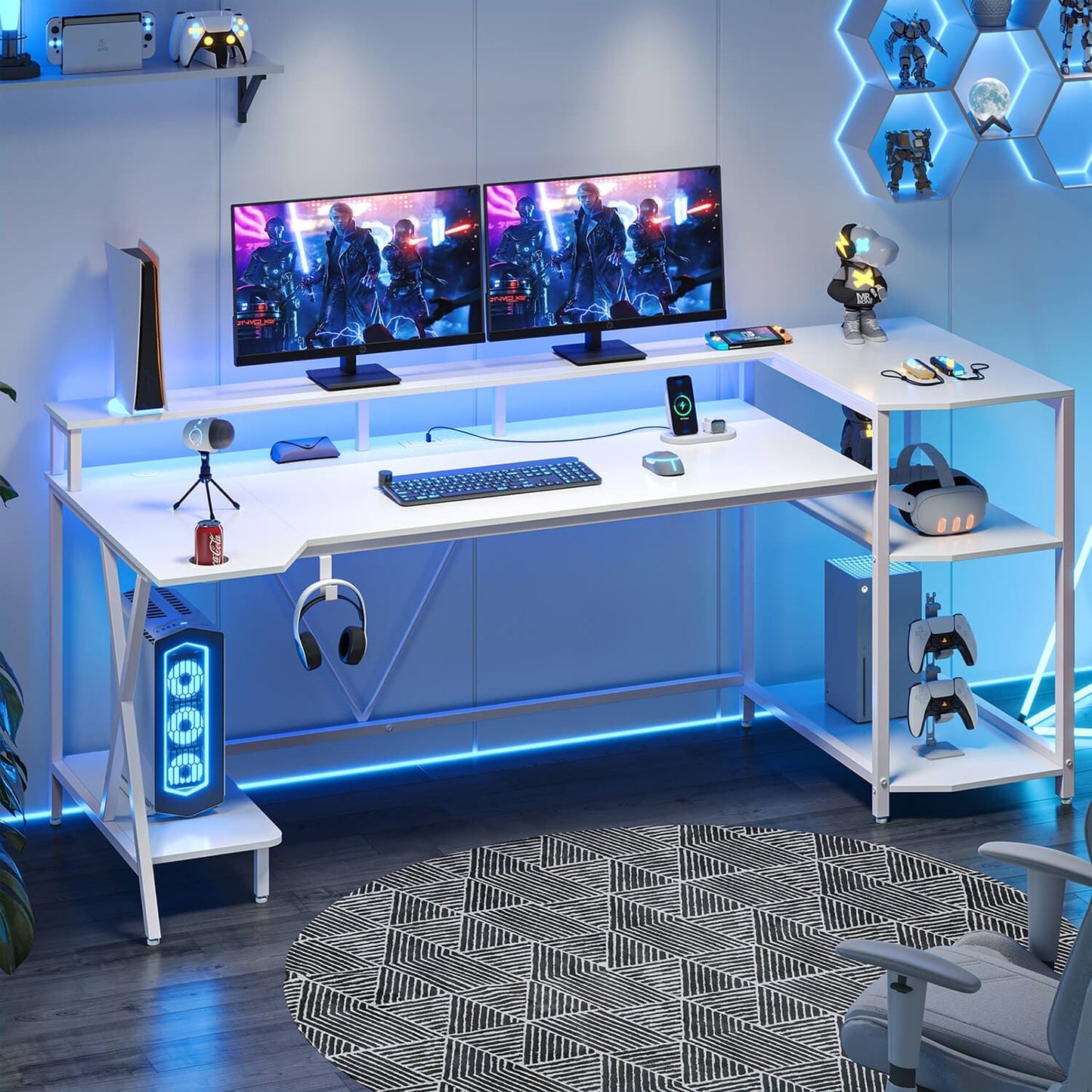 70.8 Inches Large PC Gaming Desk with Storage Shelves White