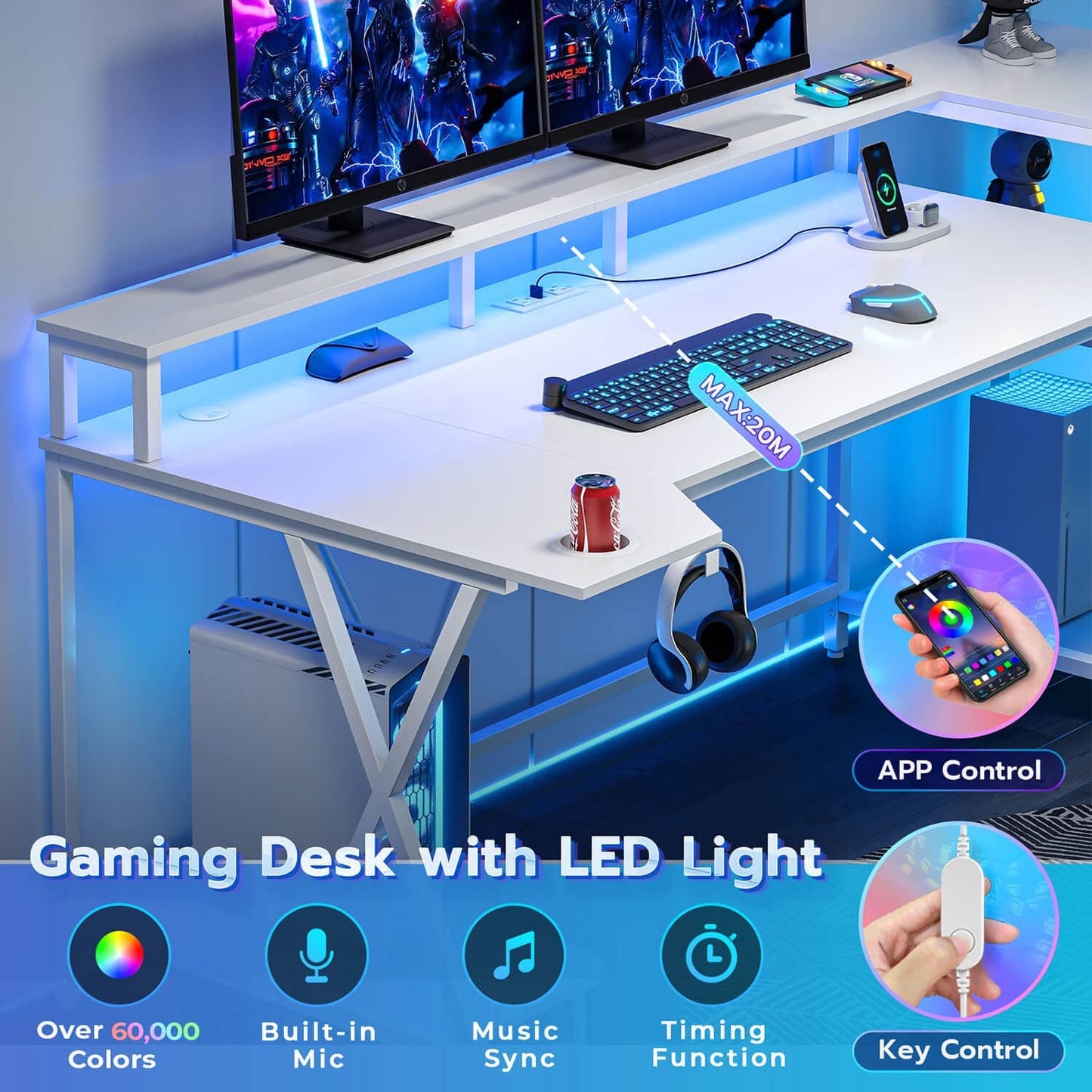 70.8 Inches Large PC Gaming Desk with Storage Shelves White