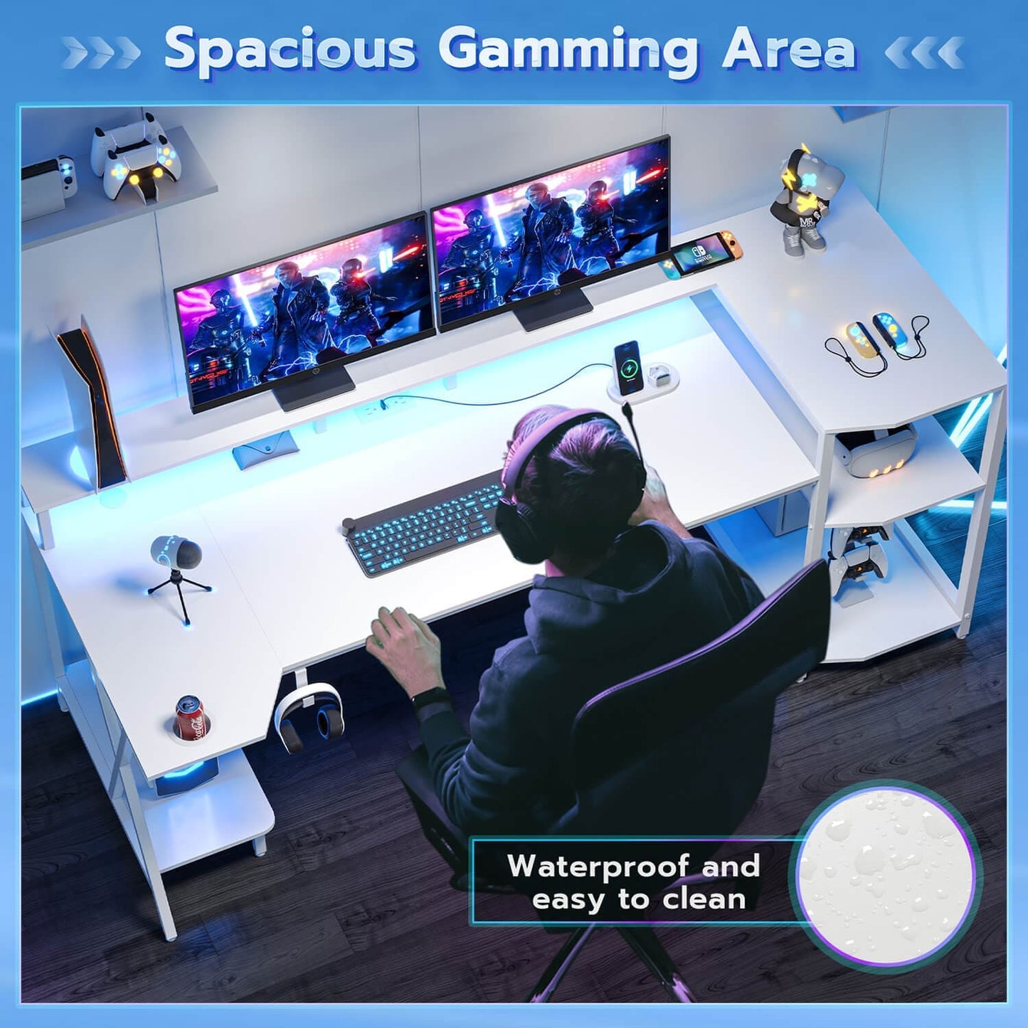 70.8 Inches Large PC Gaming Desk with Storage Shelves White