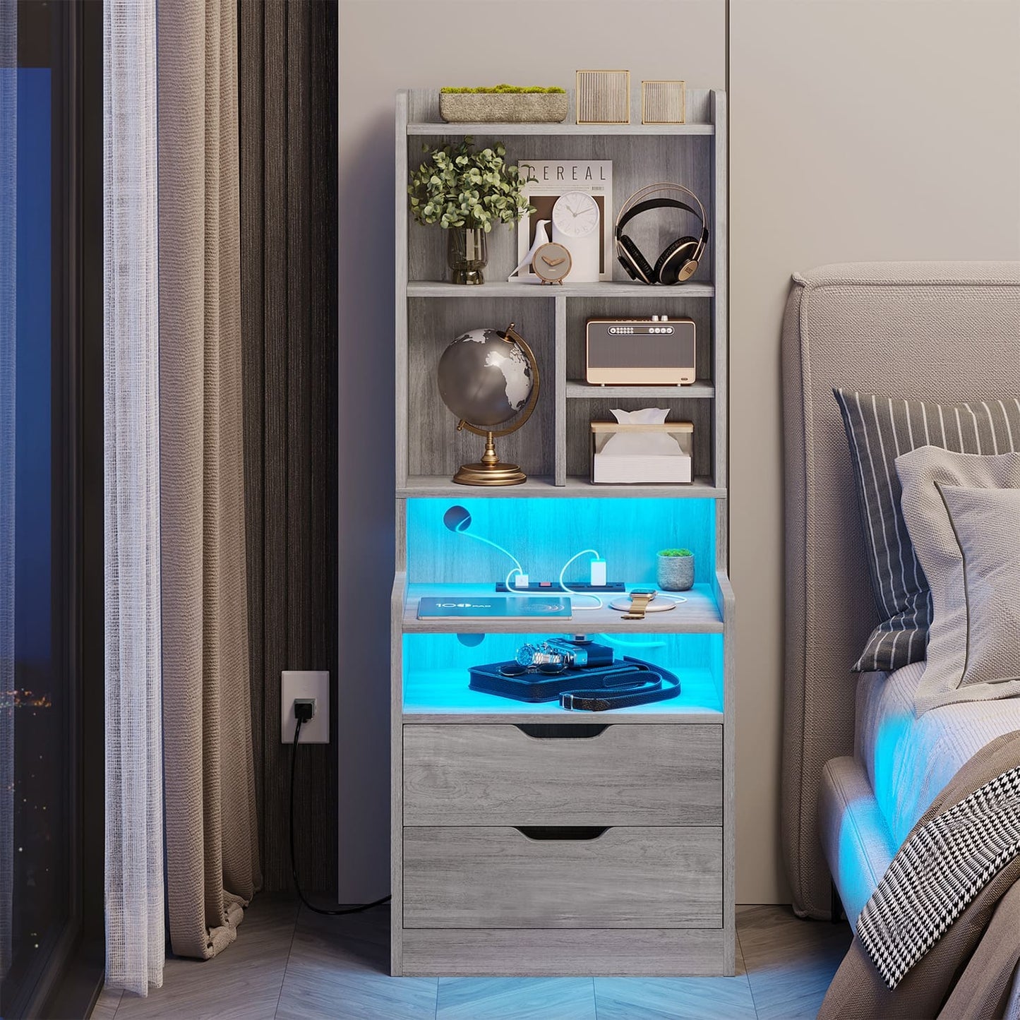 LED Tall Nightstand with Bookshelf Charging Station Grey