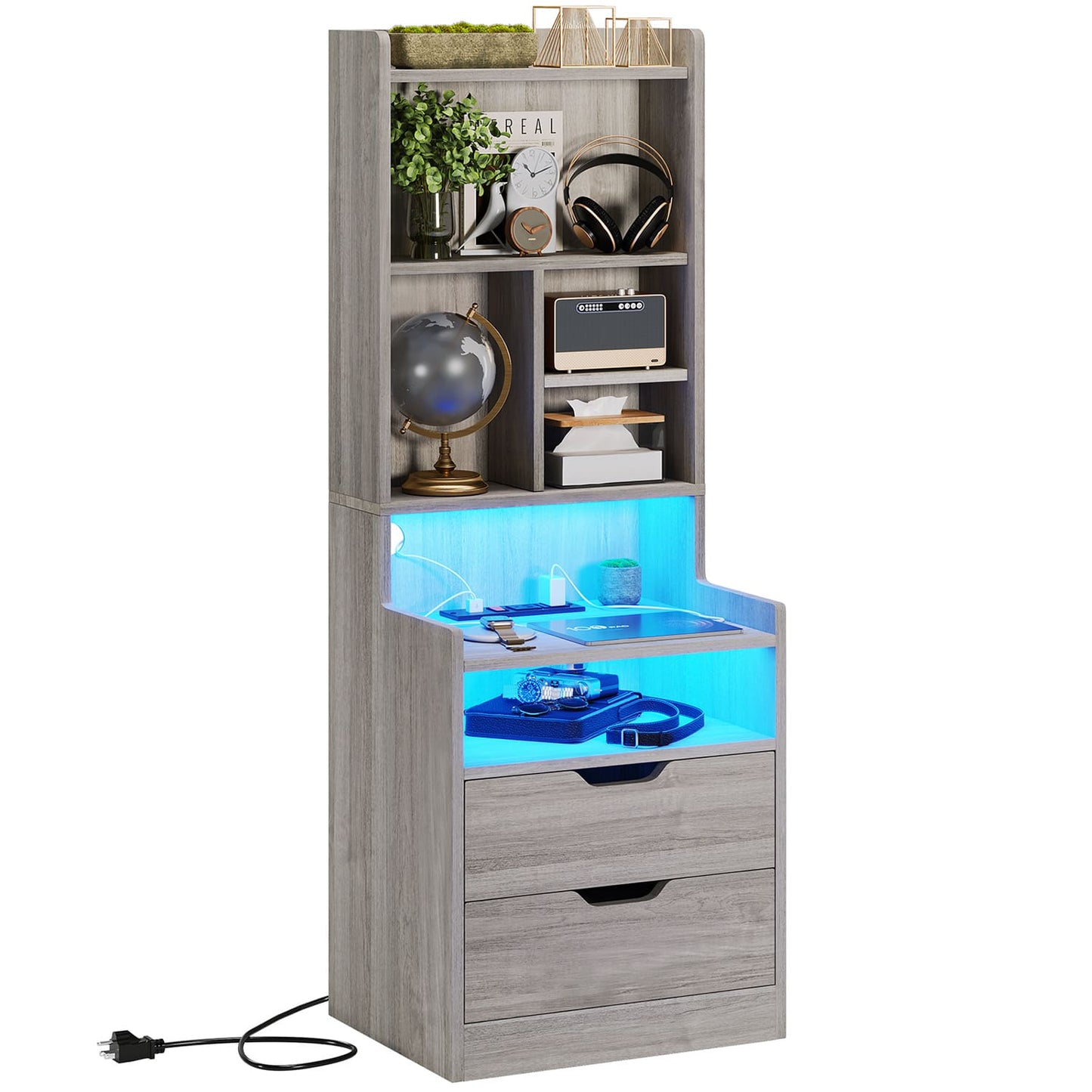 LED Tall Nightstand with Bookshelf Charging Station Grey