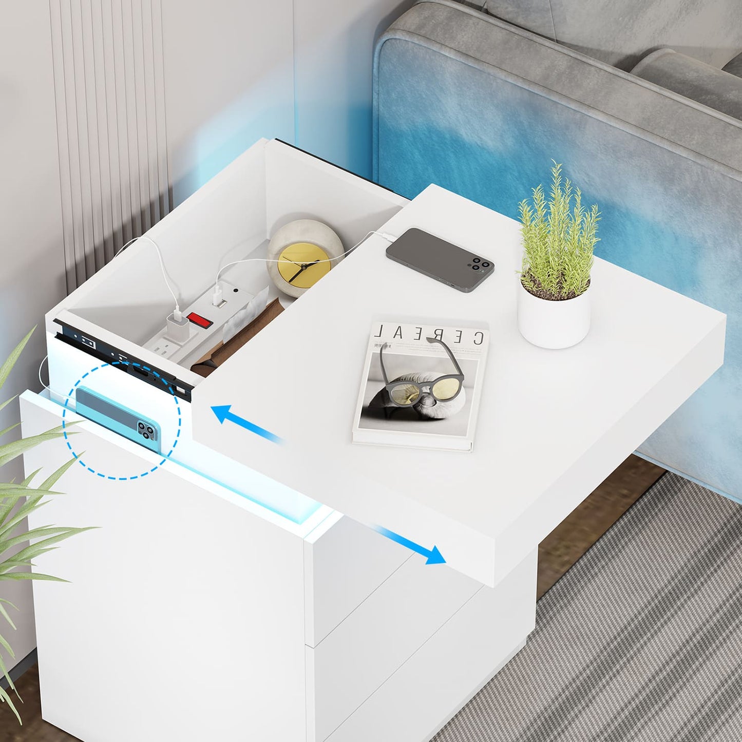 Nightstand with LED Lights Charging Station White