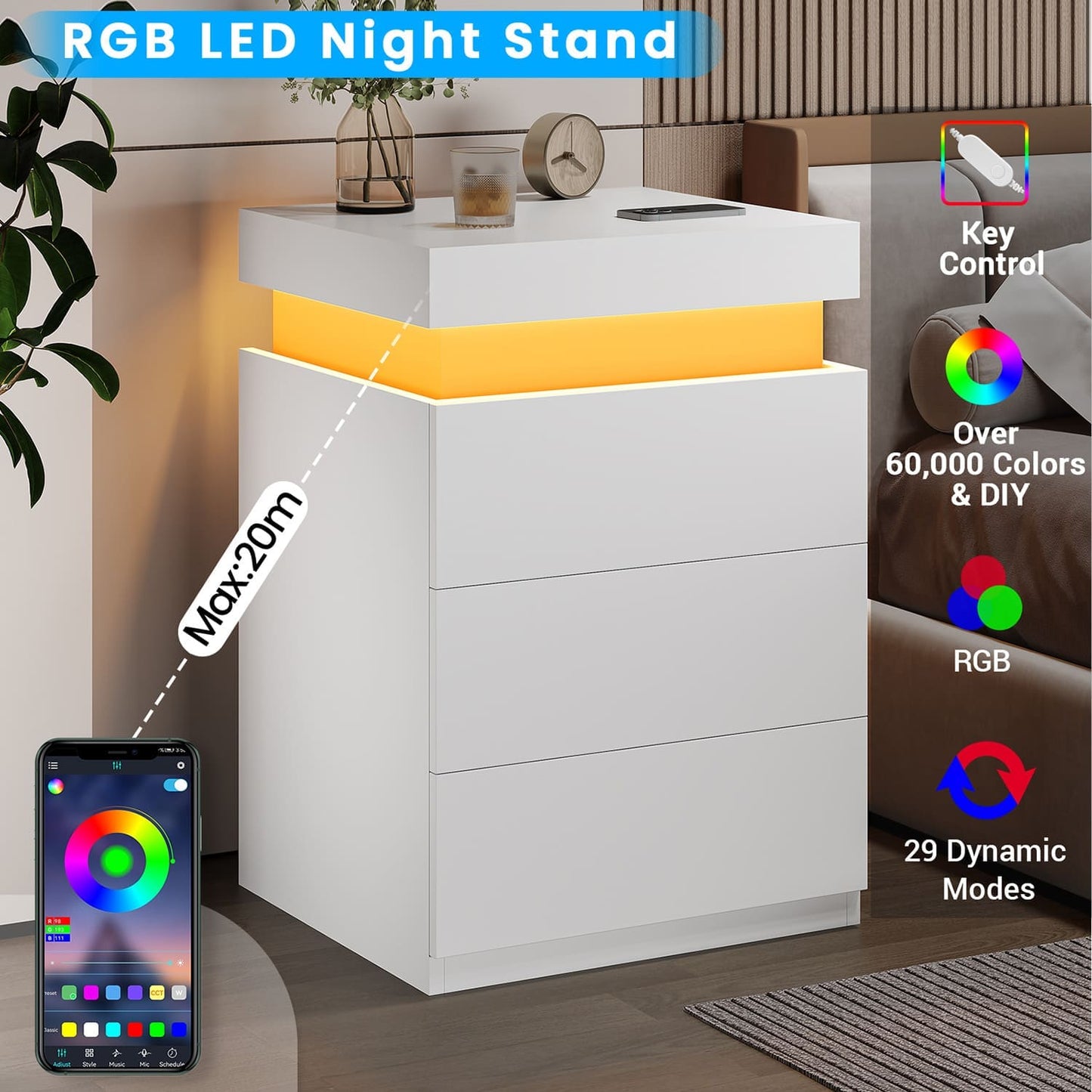 2PCS Nightstand with LED Lights Charging Station White