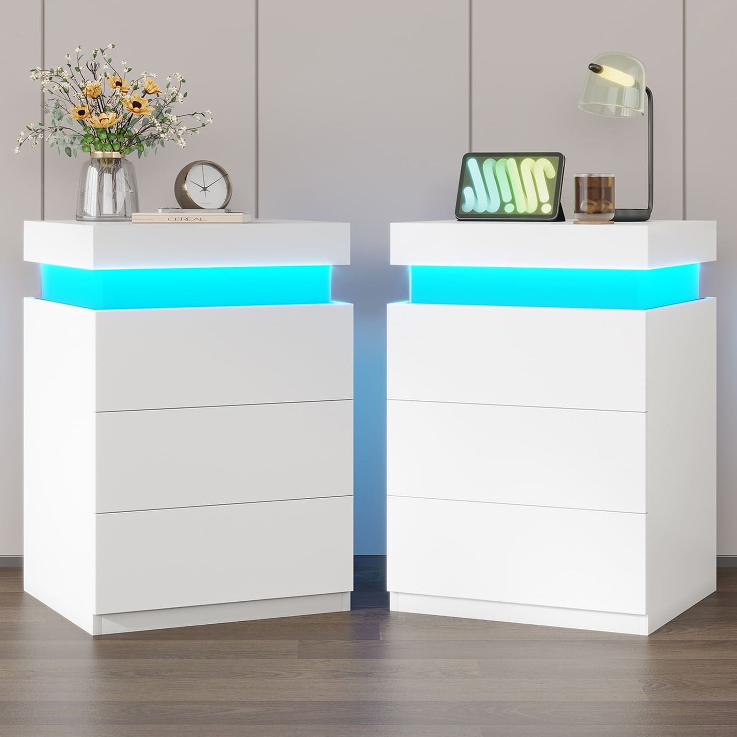 Nightstand with LED Lights Charging Station White