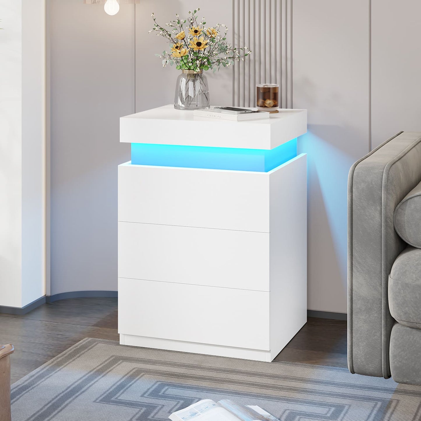 Nightstand with LED Lights Charging Station White