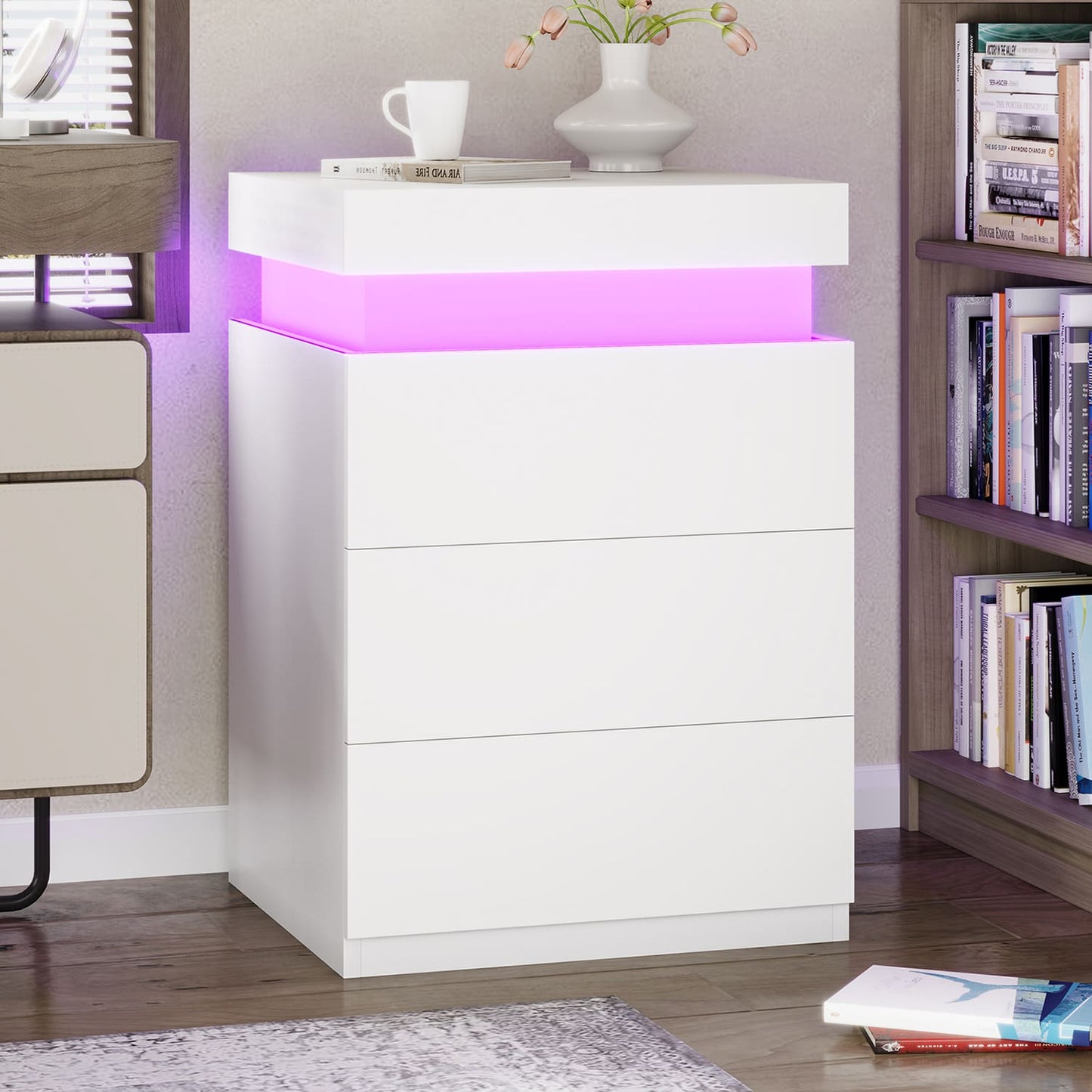 2PCS Nightstand with LED Lights Charging Station White