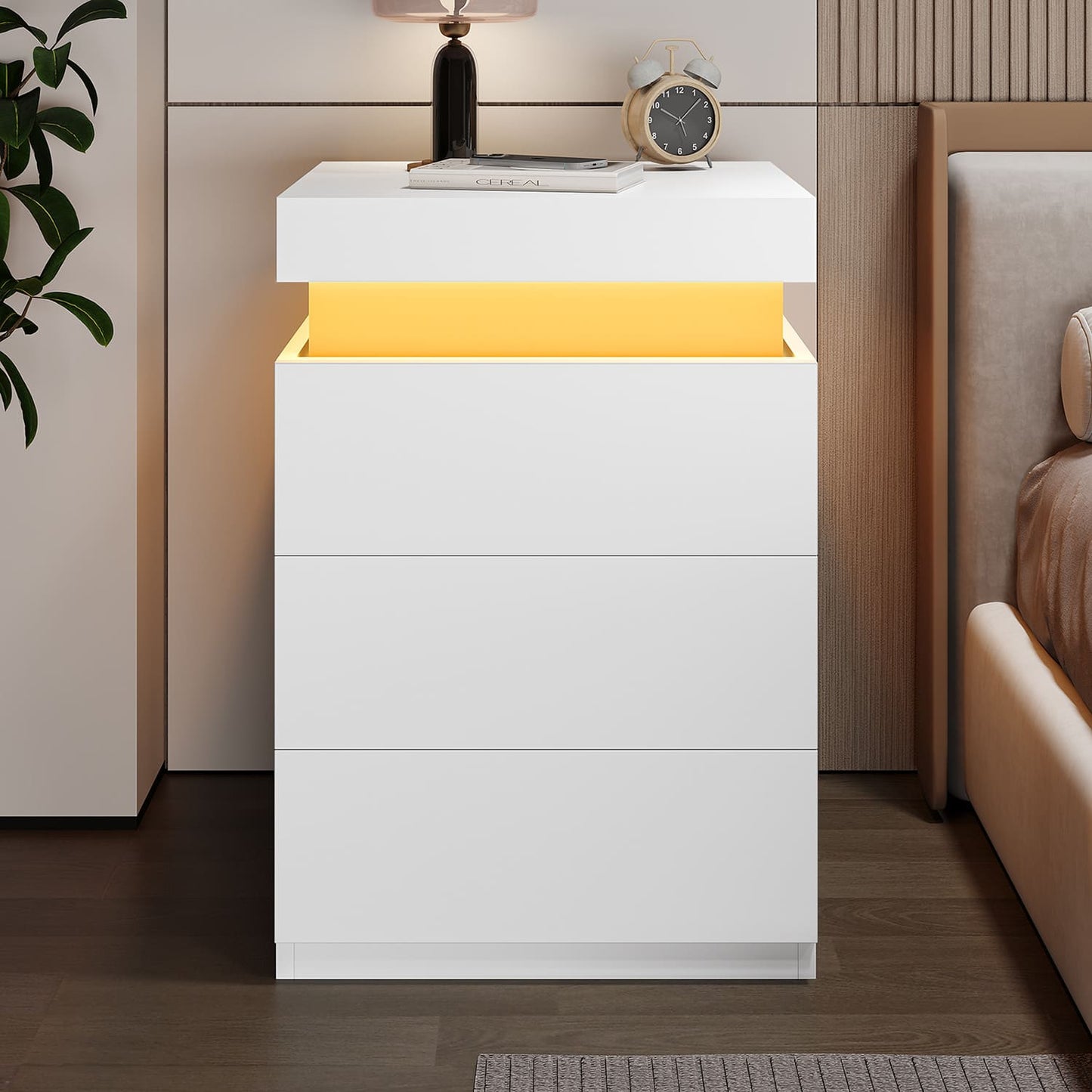 2PCS Nightstand with LED Lights Charging Station White