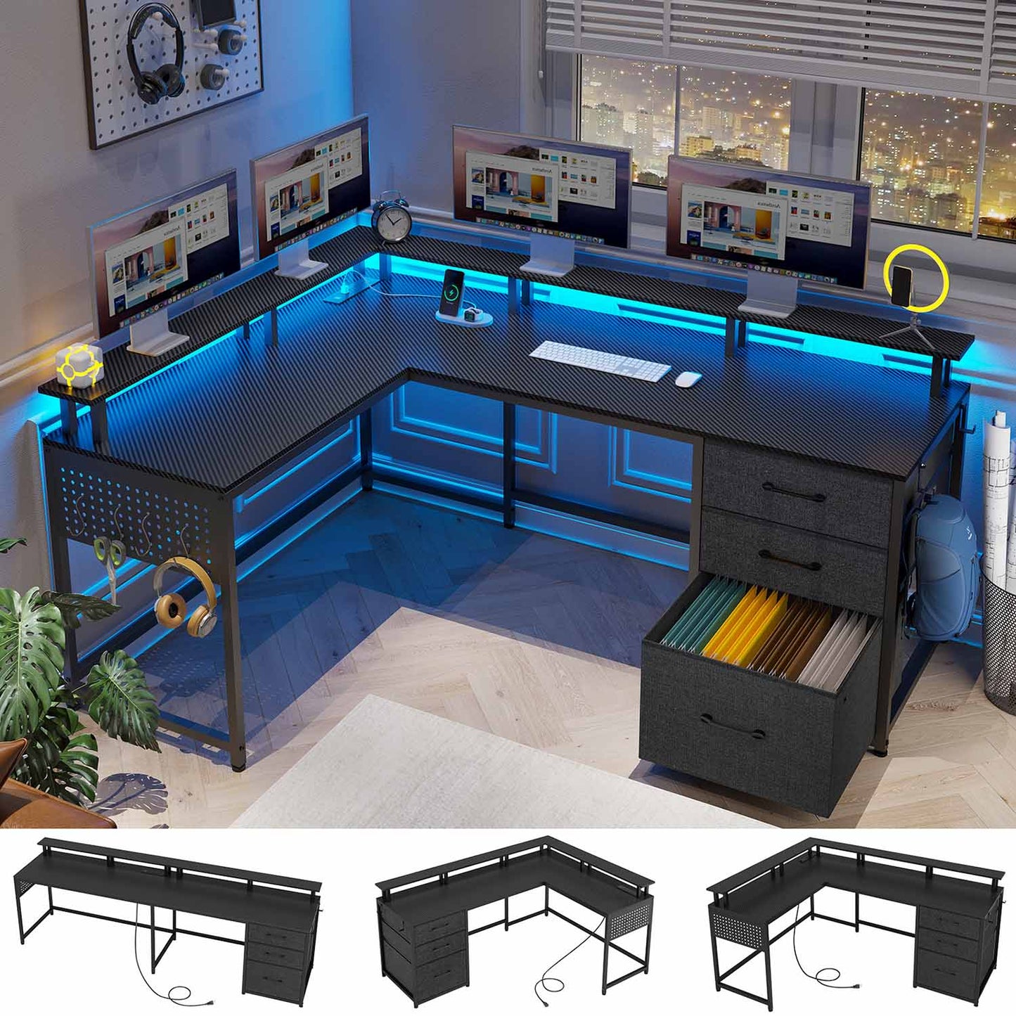 63.8 Inches L Shaped Reversible Corner LED Gaming Desk Black