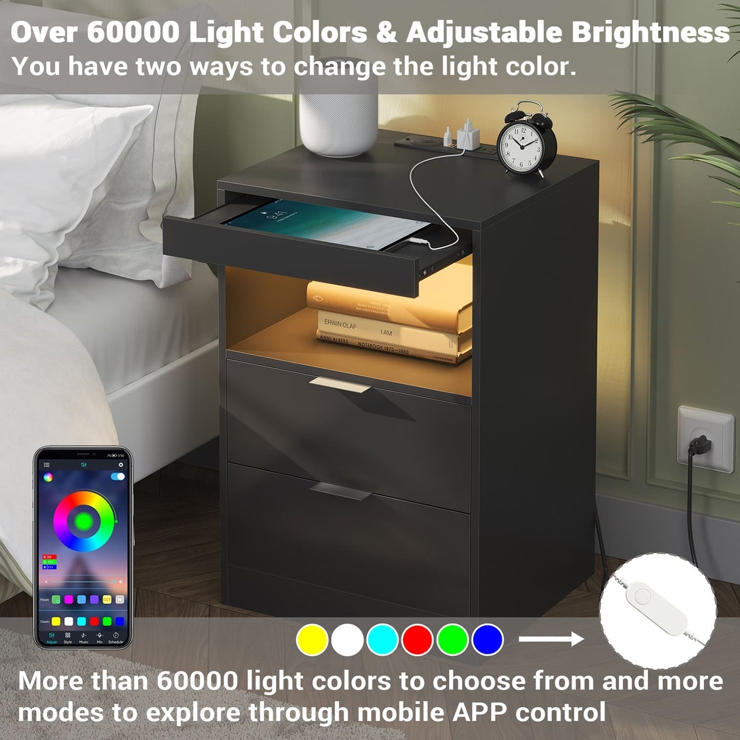 LED Nightstand with Wireless Charging Station Black