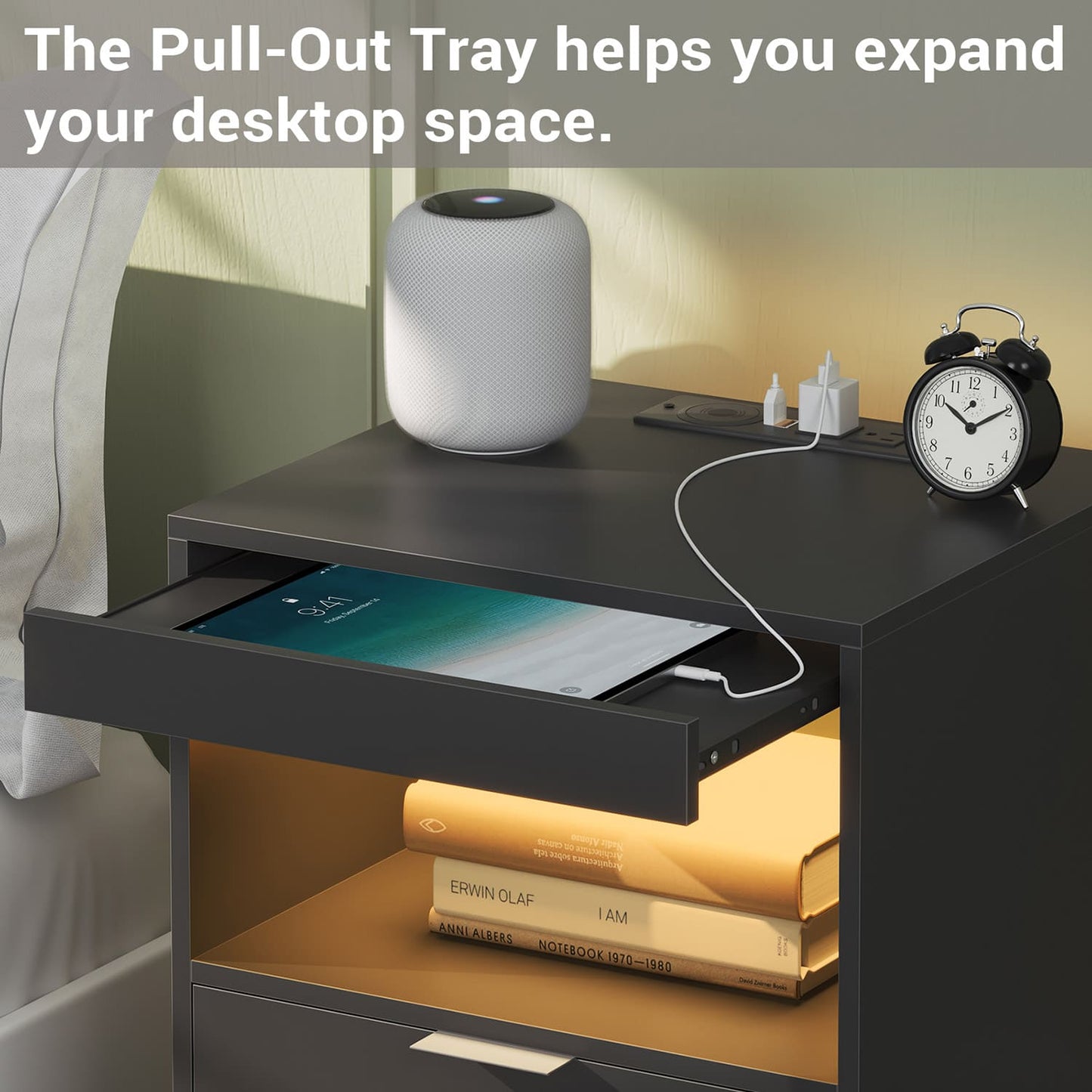 LED Nightstand with Wireless Charging Station Black