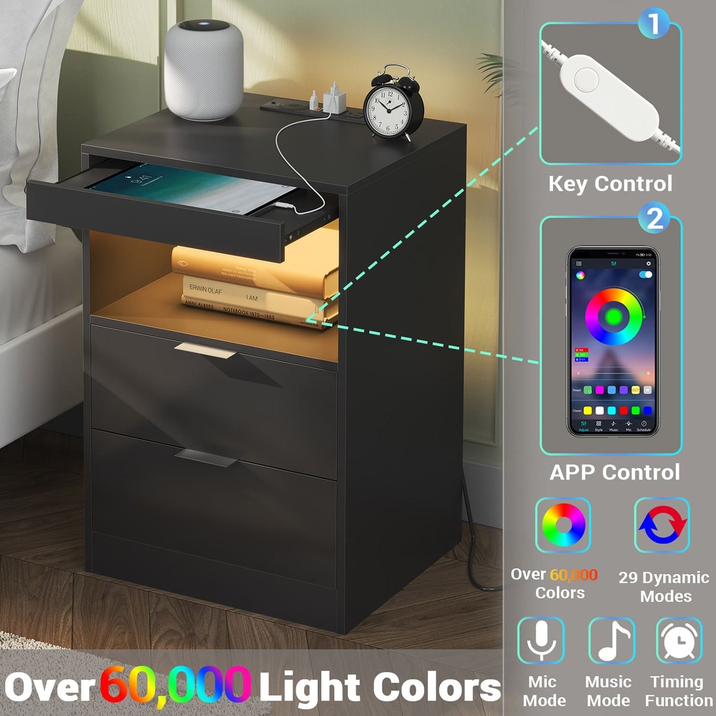 LED Nightstand with Wireless Charging Station Black