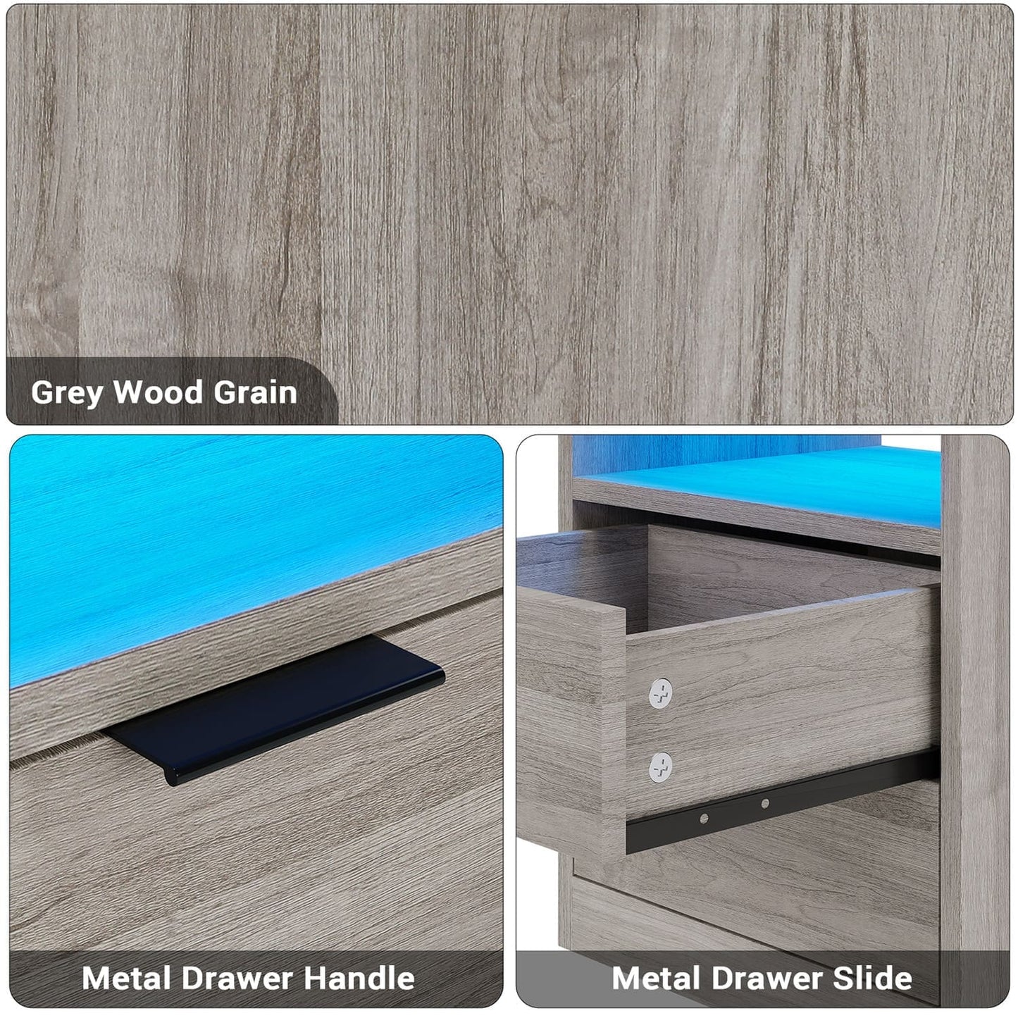 LED Nightstand with Wireless Charging Station Grey