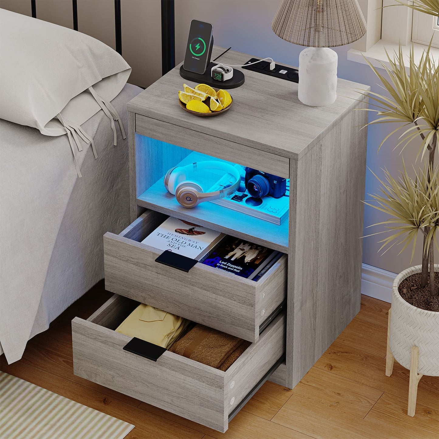 LED Nightstand with Wireless Charging Station Grey