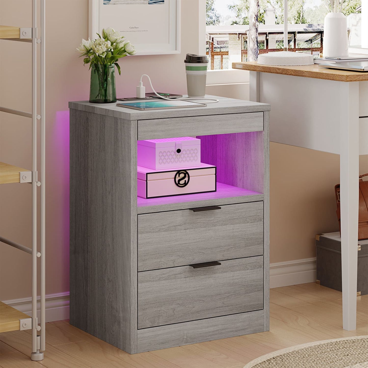LED Nightstand with Wireless Charging Station Grey