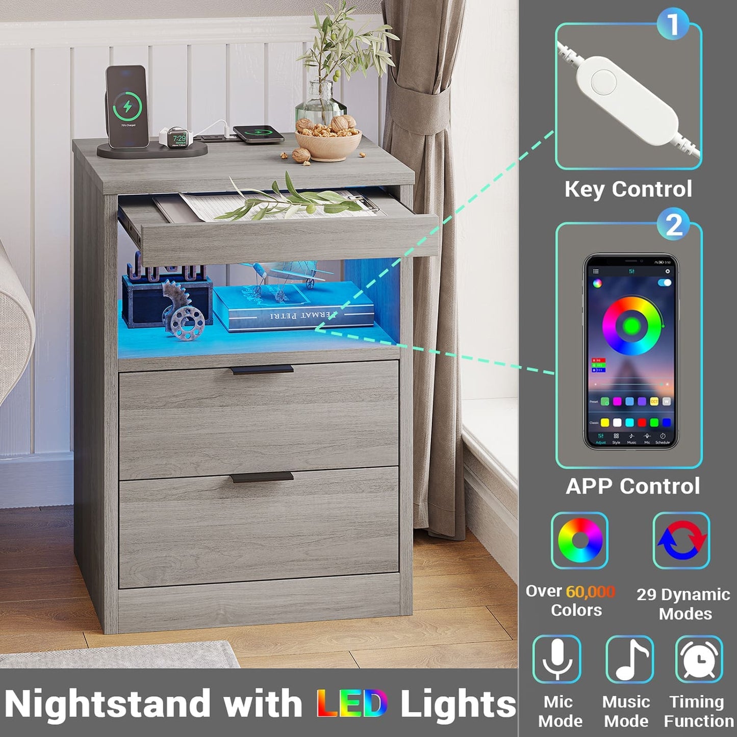 LED Nightstand with Wireless Charging Station Grey